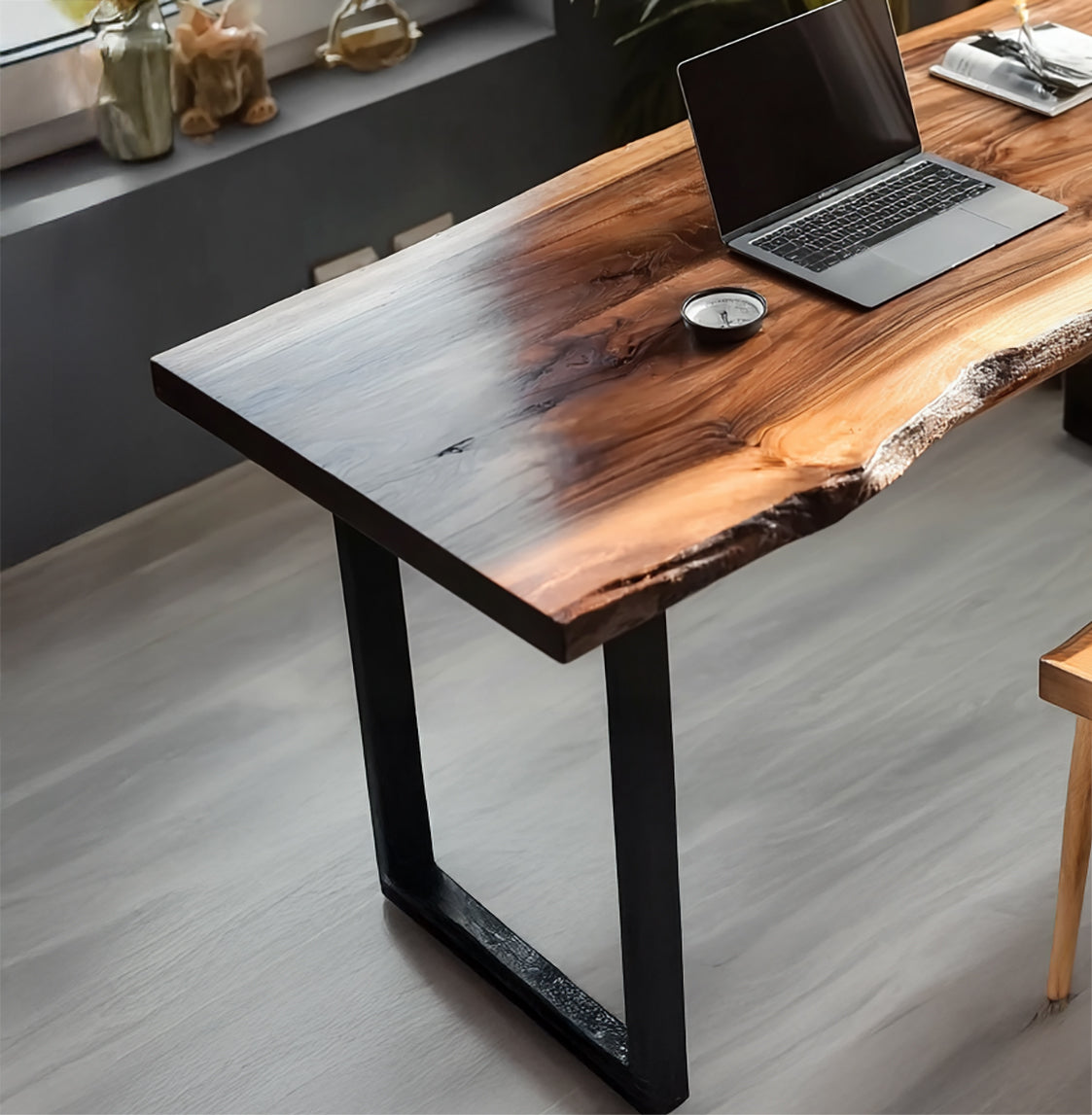 Live Edge Walnut Desk – Solid Wood Office Table with Metal Legs, Rustic Furniture