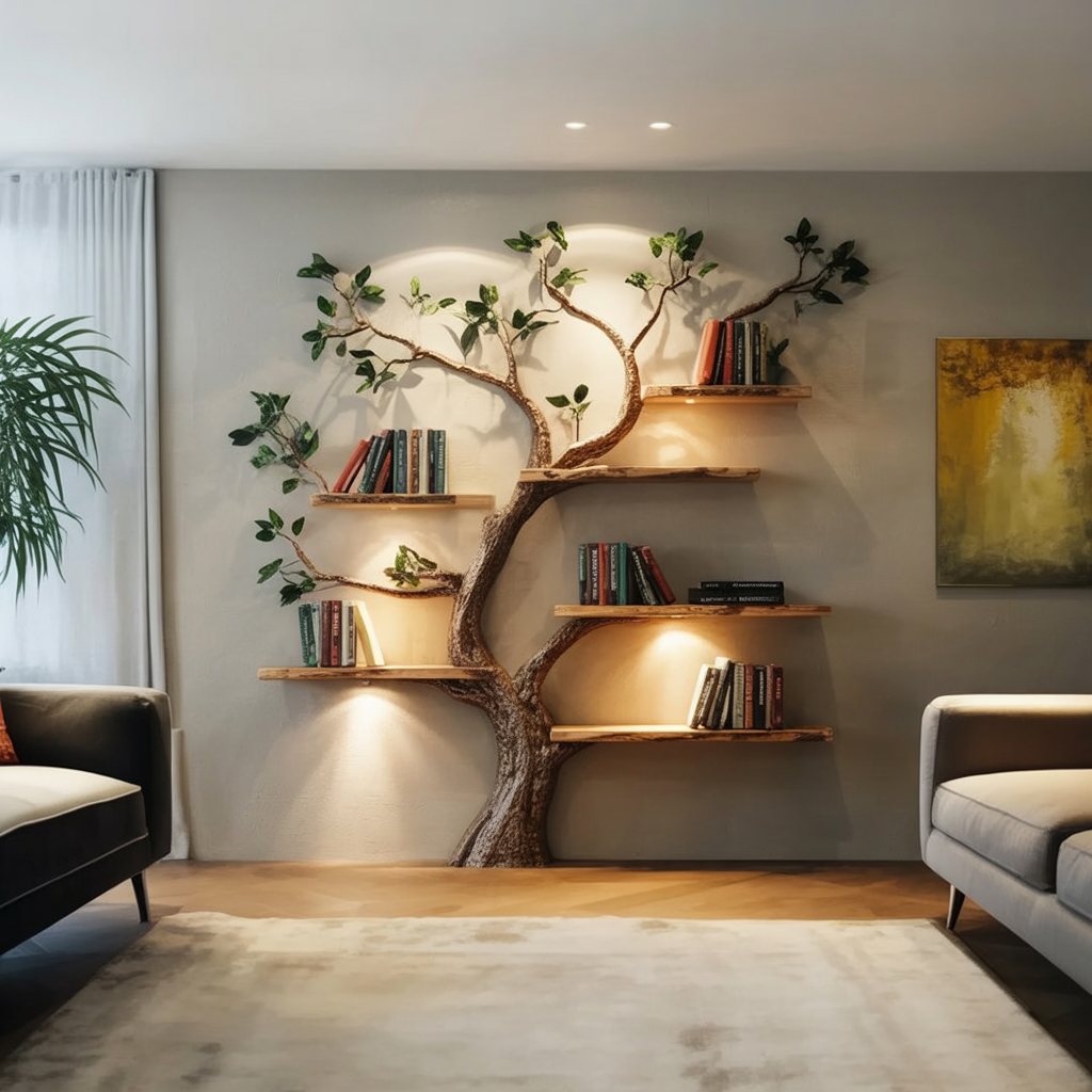 Handmade Wooden Tree Bookshelf – Natural Wood Wall Bookcase