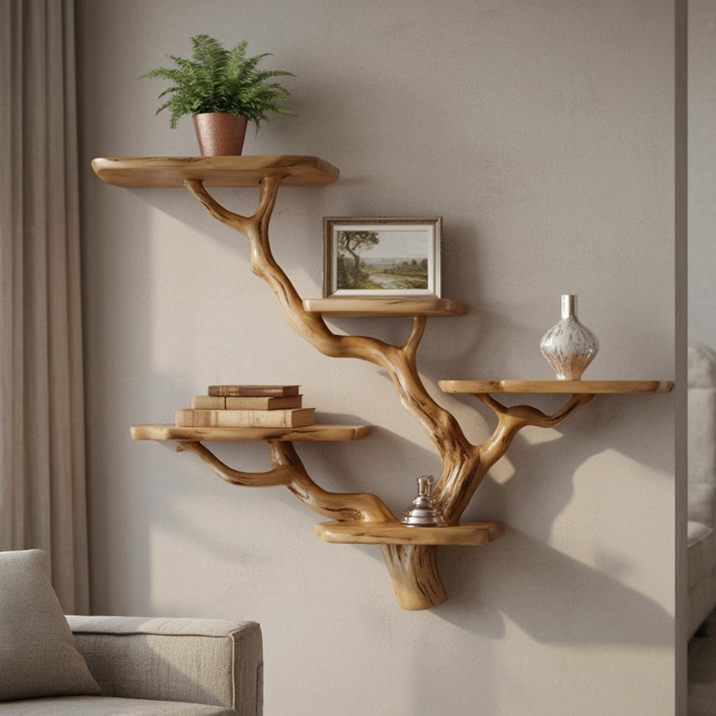 Tree Branch Floating Bookshelf – Solid Wood Driftwood Wall Decor