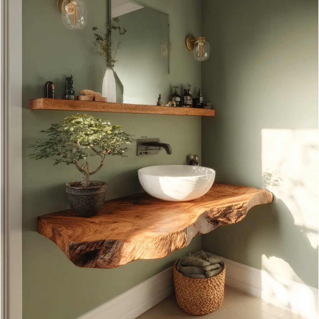 Rustic Solid Wood Live Edge Bathroom Vanity Countertop – Floating Washstand Shelf