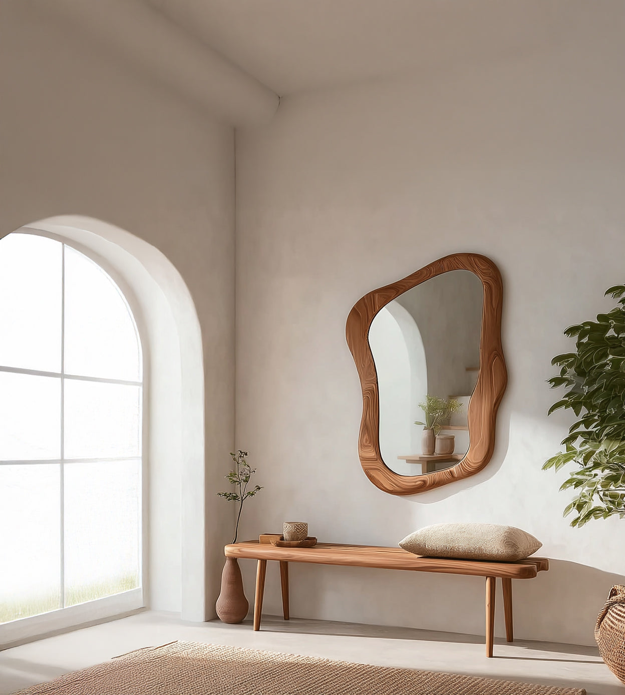 Wood Framed Asymmetrical Large Wall Mirror – Irregular Modern Boho Accent Mirror for Home Decor