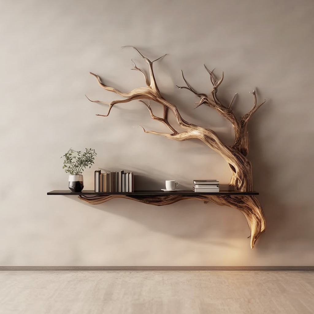 Handcrafted Wooden Tree Wall Shelf – Rustic Branch Bookshelf