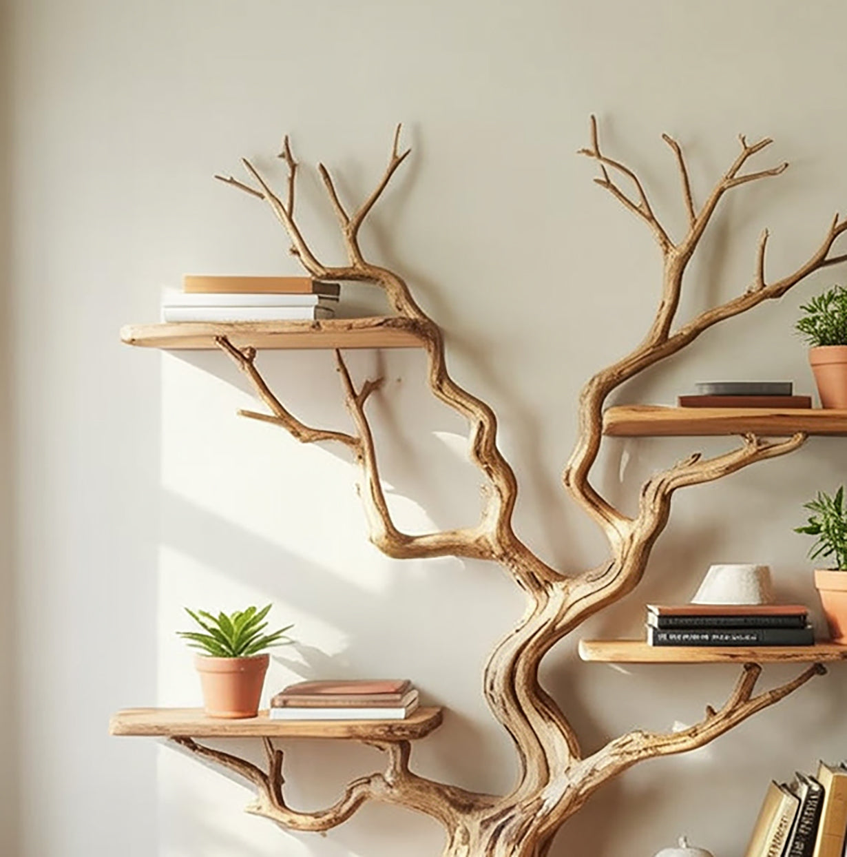 Floating Tree Branch Bookshelf – Solid Wood Driftwood Wall Art