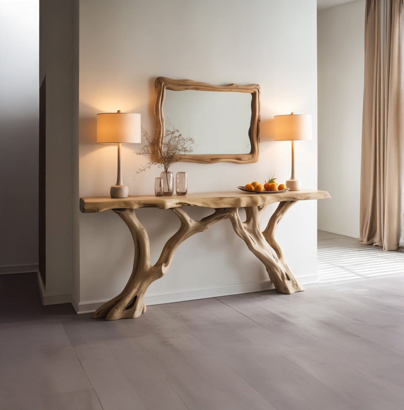 Live Edge Wood Console Table with Sculptural Tree Base – Rustic Farmhouse Entryway Table