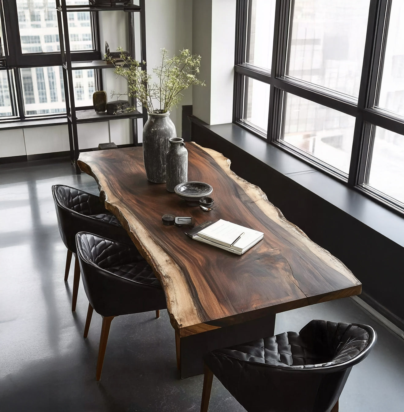 Live edge wooden dining table with black leather chairs in modern loft with large windows