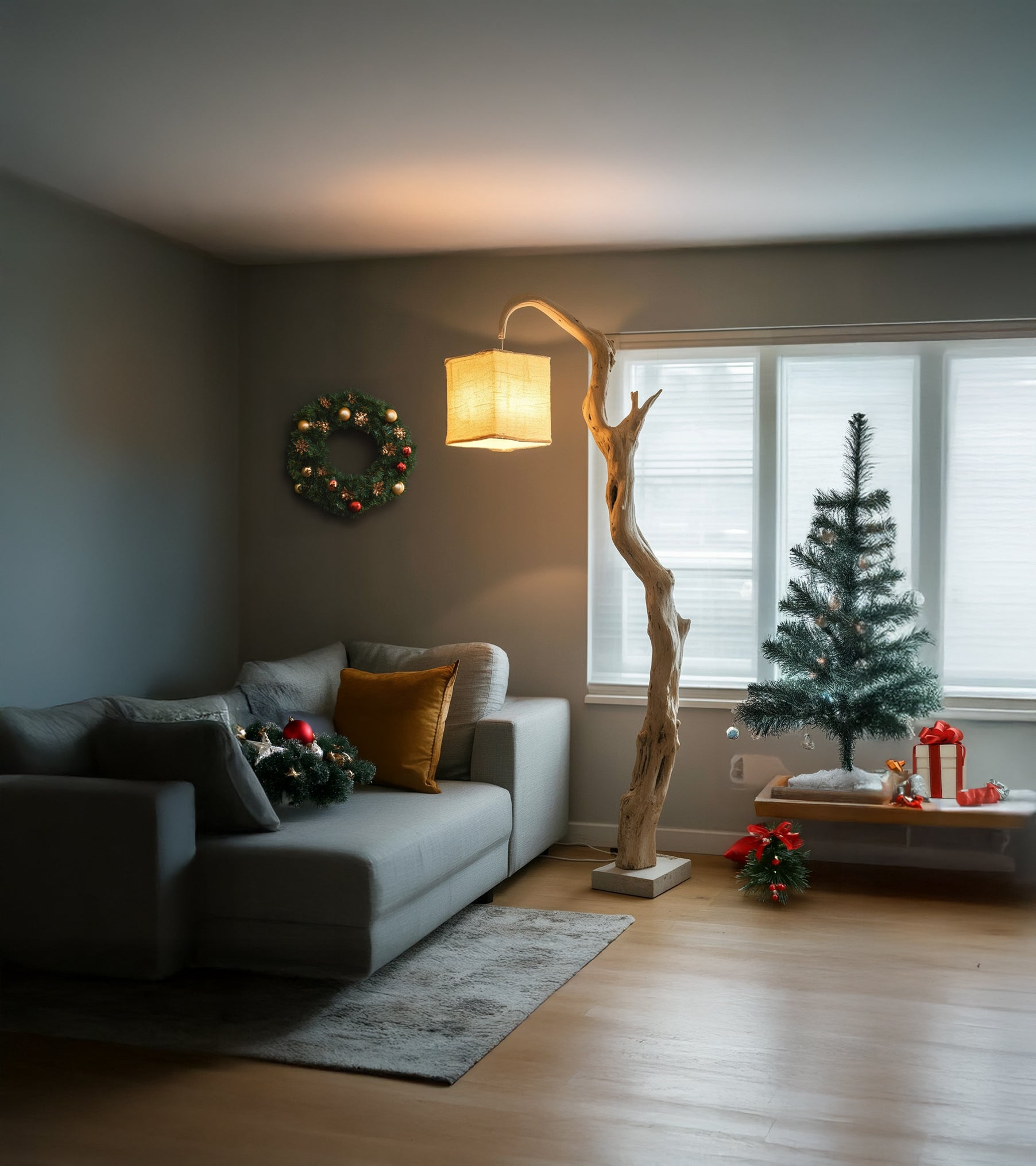 Natural Driftwood Floor Lamp with Fabric Shade – Rustic Wooden Standing Light for Living Room Decor