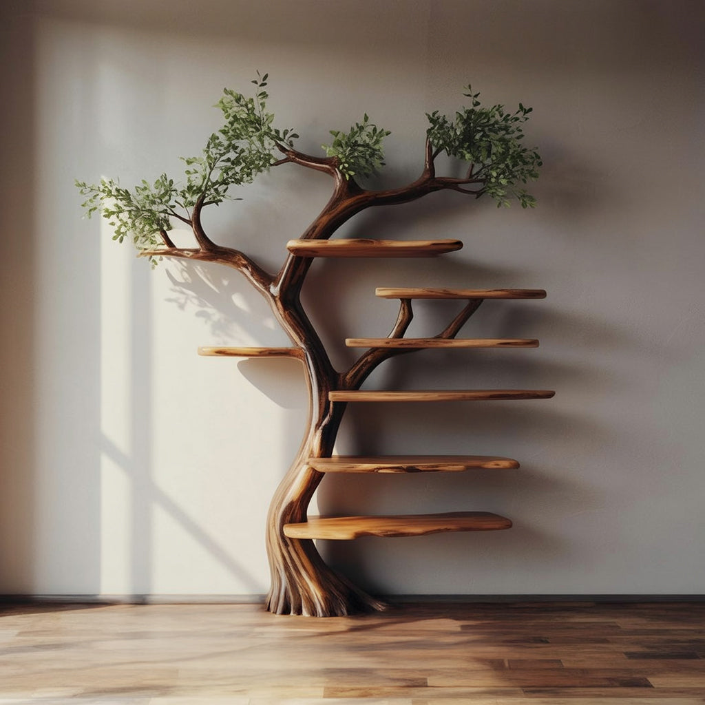 wooden wall shelf shaped like a tree with branches and green leaves in a minimalist room