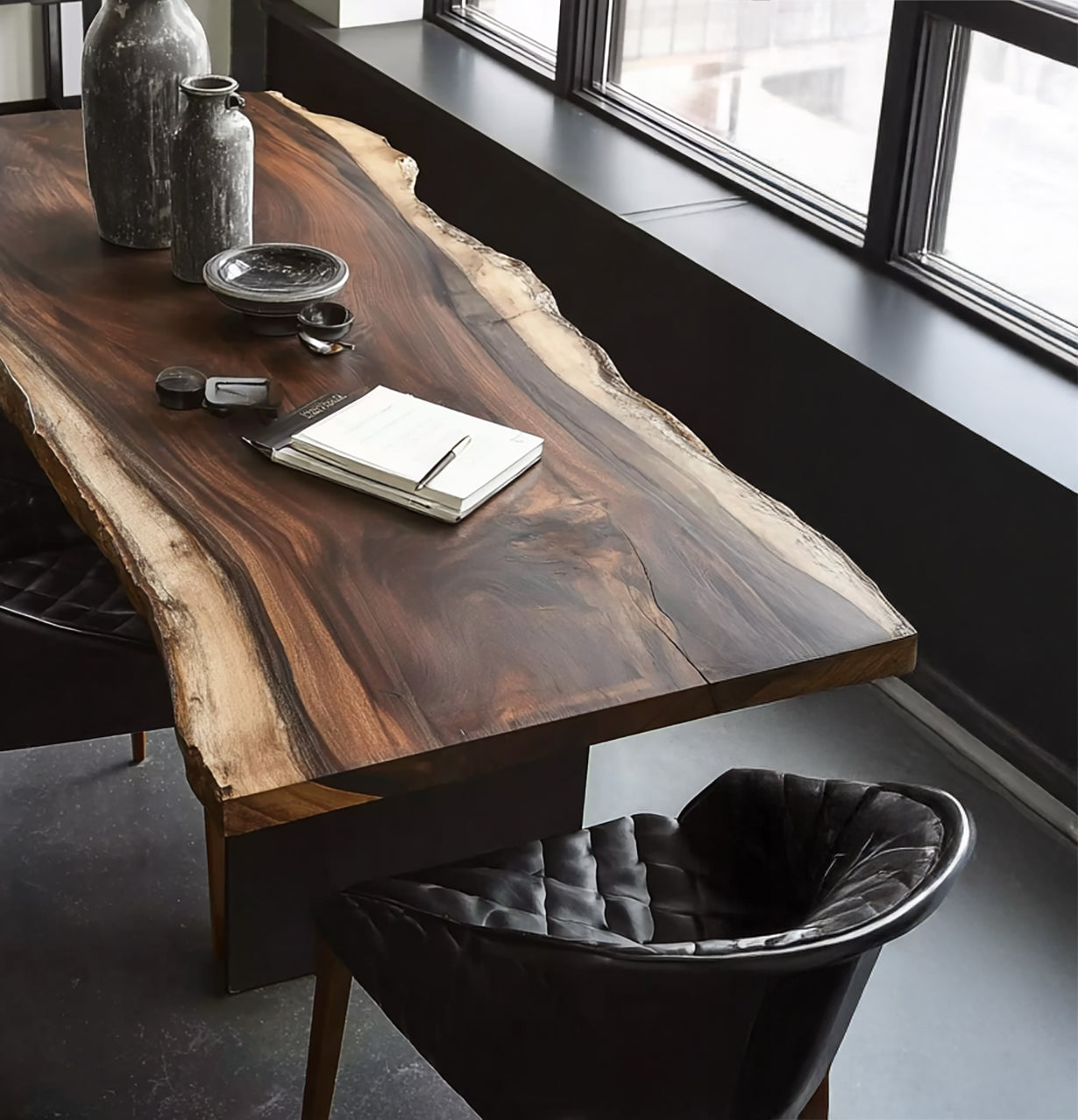 Live edge wooden dining table with black leather chairs near large windows and ceramic decor