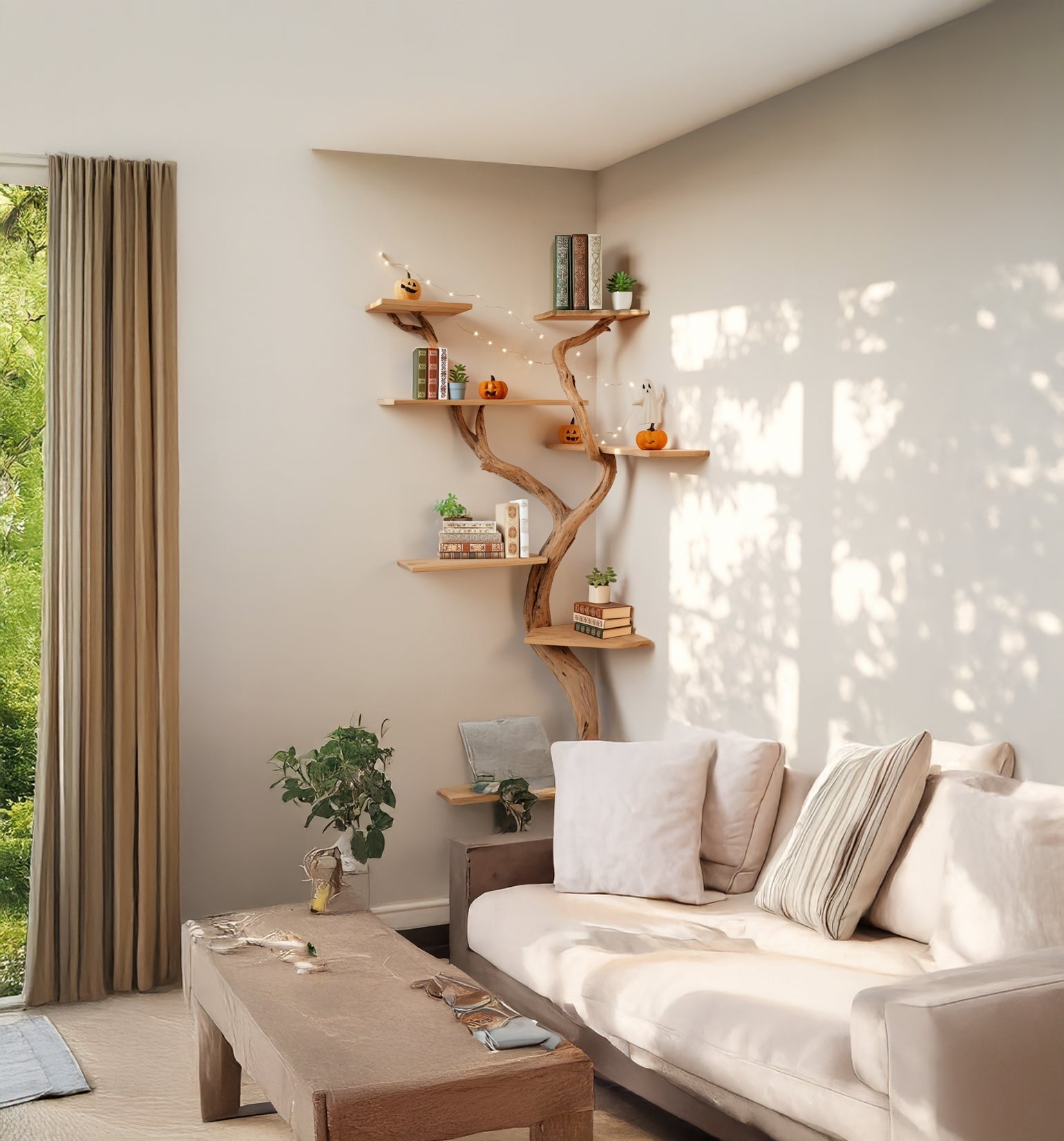 Handmade Tree Branch Wall Bookshelf with Leaves - Decorative Floating Shelf