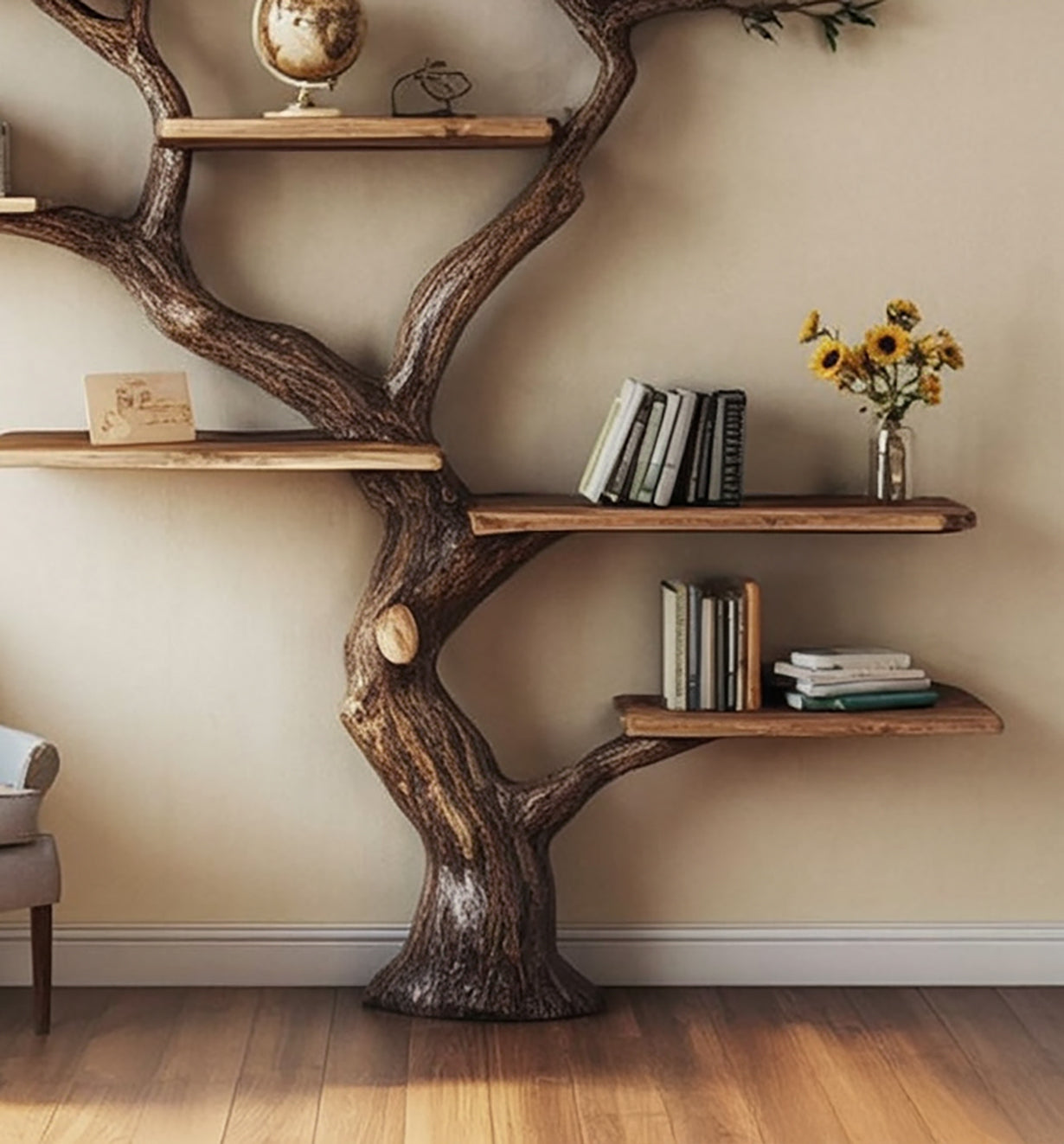 Rustic Tree Shaped Bookshelf – Nature Inspired Wooden Wall Bookcase