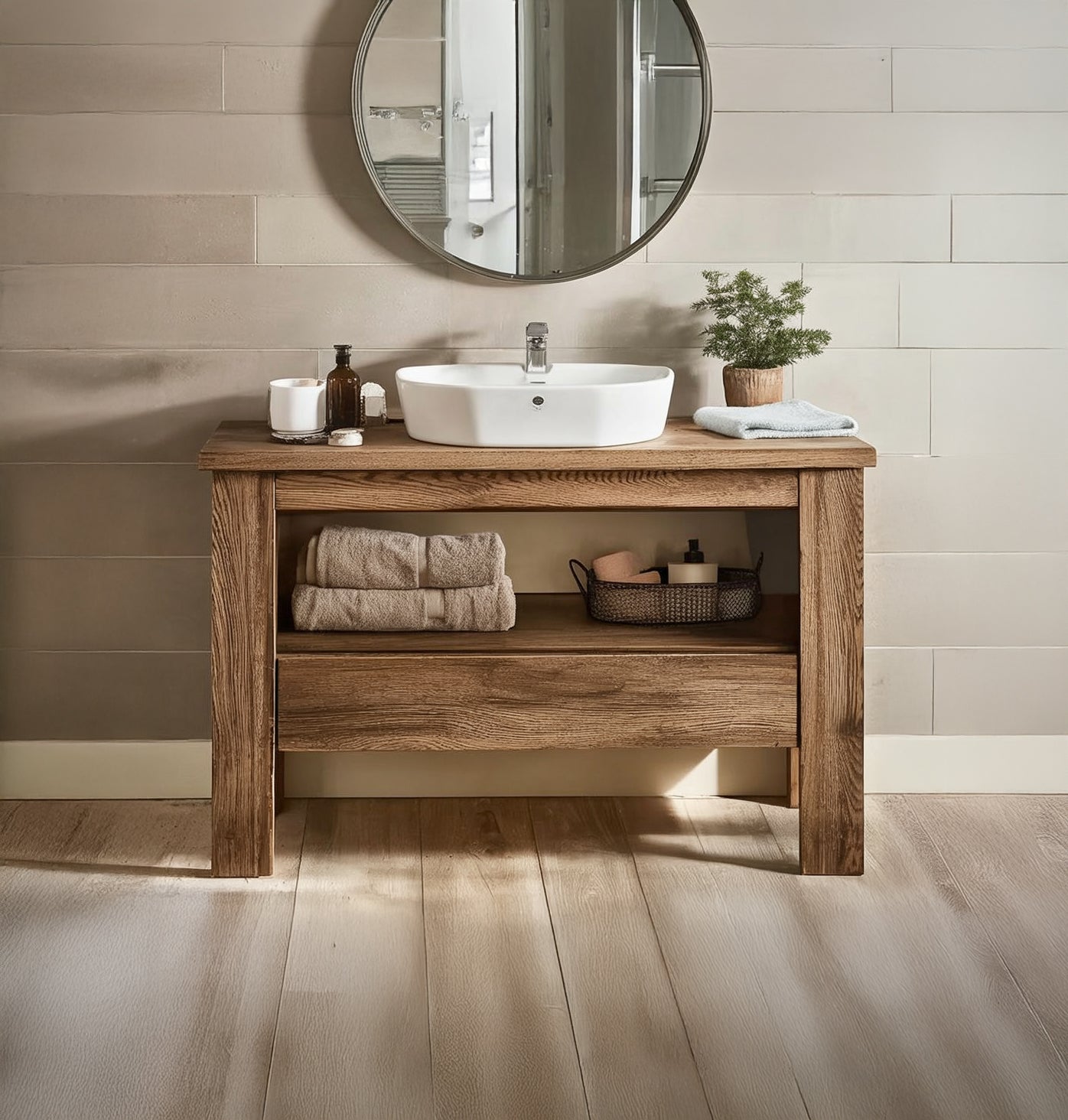 Rustic Solid Wood Bathroom Vanity with Open Storage Shelf Top