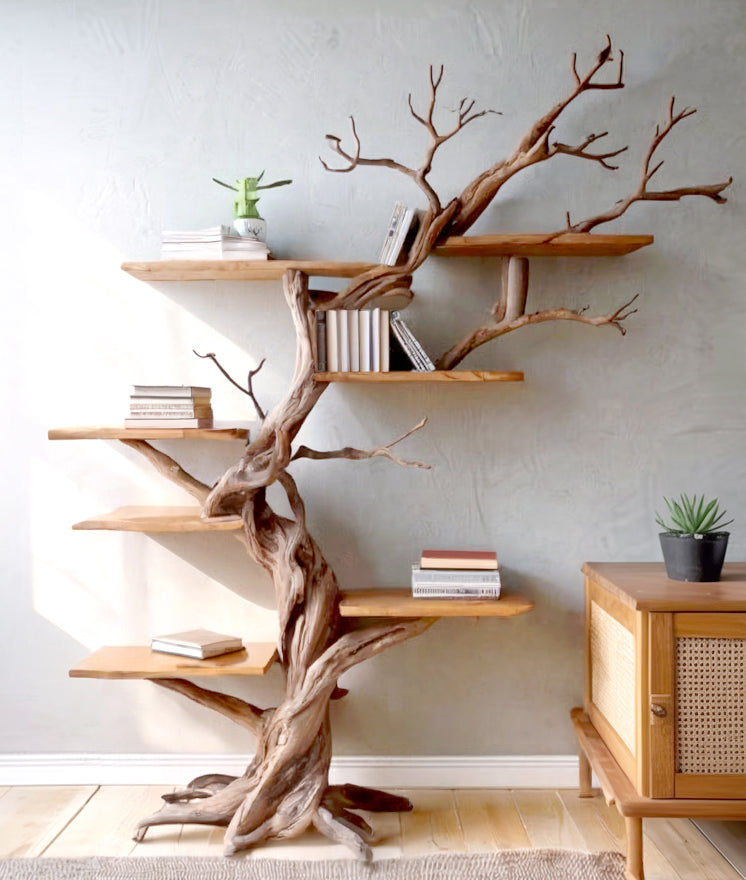 Rustic Mahogany Tree Bookshelf – Tall Wooden Storage Shelves for Living Room Decor