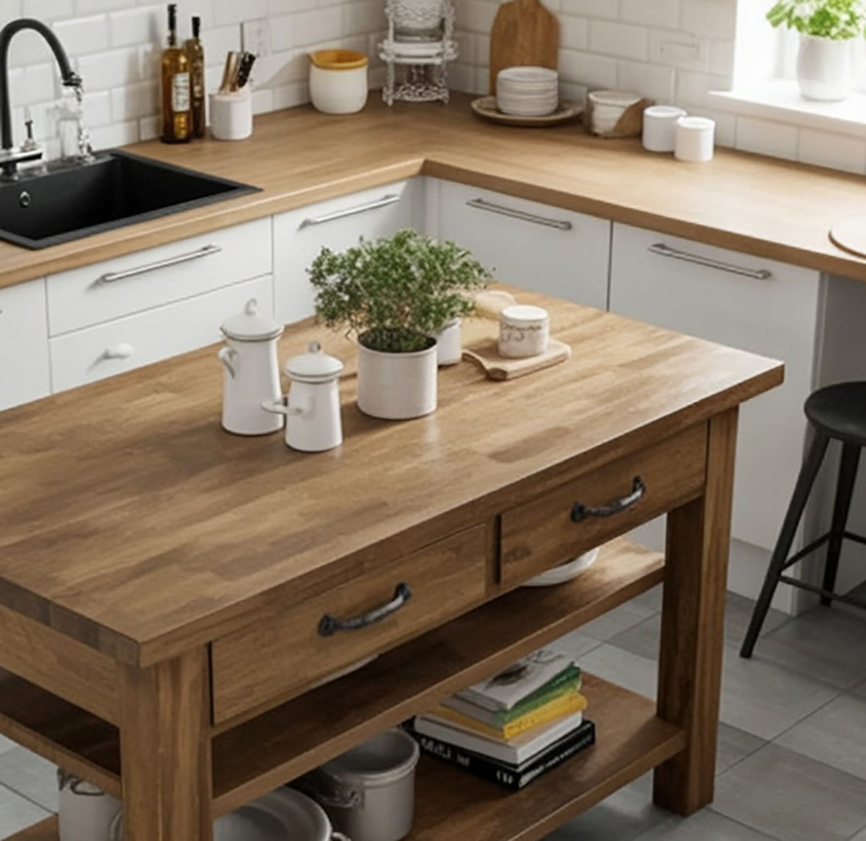 Handmade Reclaimed Chestnut Kitchen Island with Drawer & Double Shelf