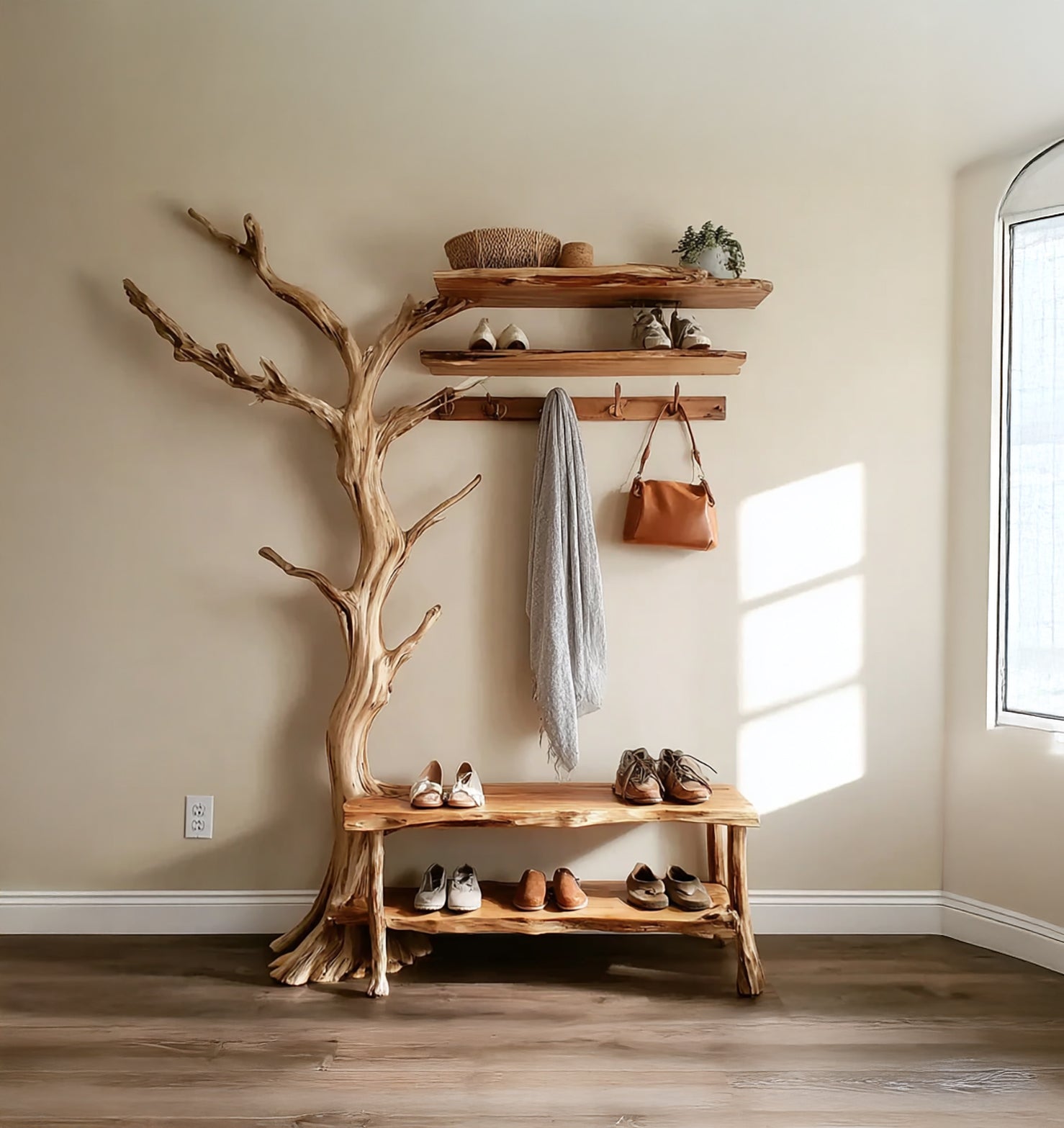 Natural Tree Branch Coat Rack – Wall-Mounted Driftwood Hanger