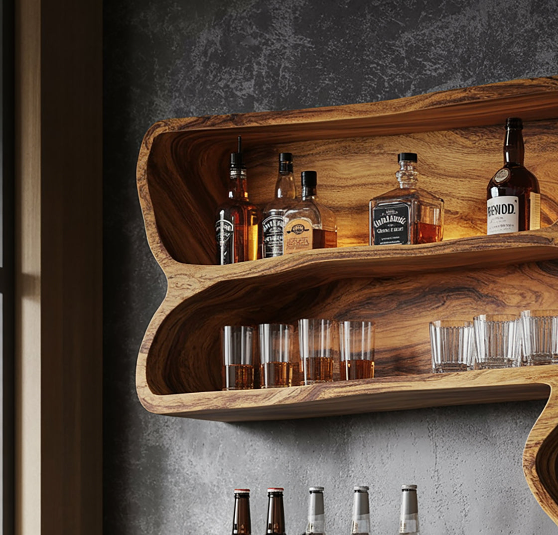 Handcrafted Bar Wall Shelf – Floating Live Edge Home Bar, Rustic Farmhouse Kitchen Decor