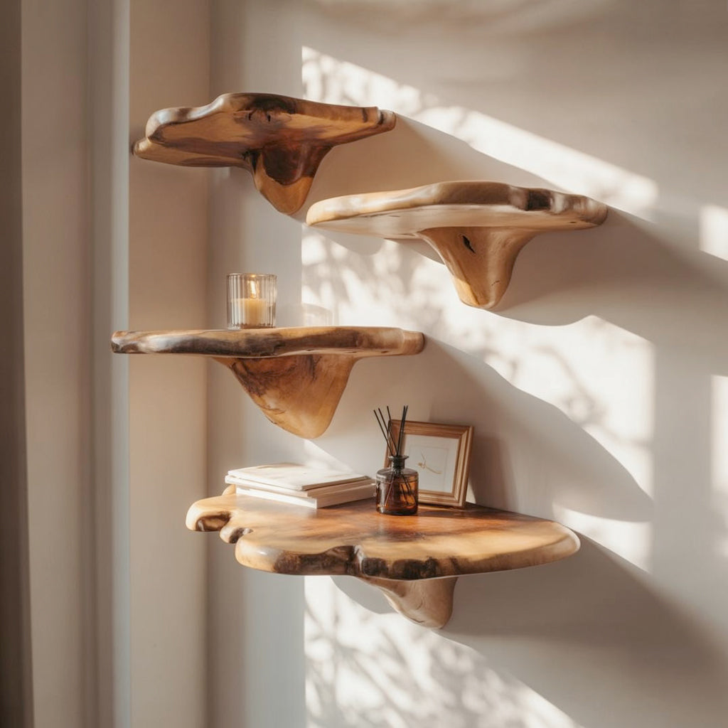 Handcrafted Mushroom Floating Shelves – Solid Wood Decor for Living Room & Nursery