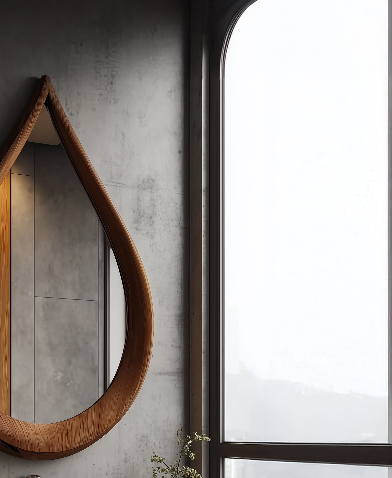 Teardrop Wooden Wall Mirror – Handcrafted Asymmetrical Solid Wood Frame, Modern Organic Boho Bathroom Decor