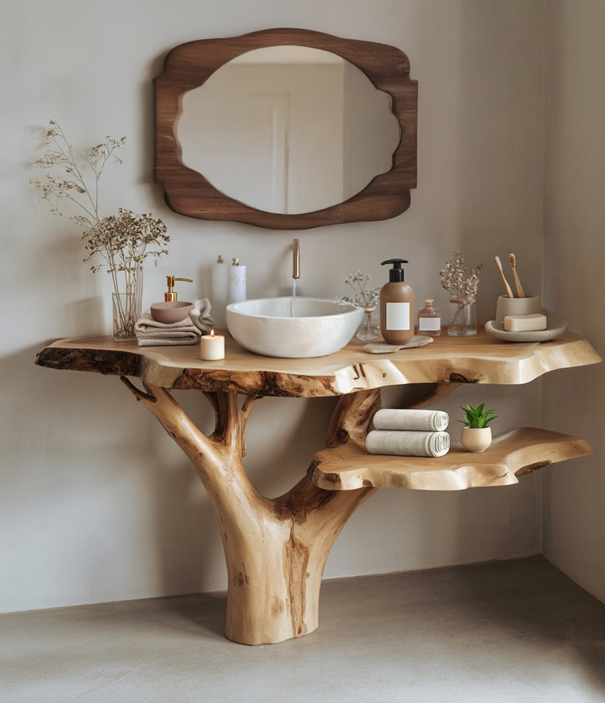 Reclaimed Live Edge Counter Wood Bathroom Vanity – Handmade Floating Vanity, Rustic Wall Mounted Vessel Sink