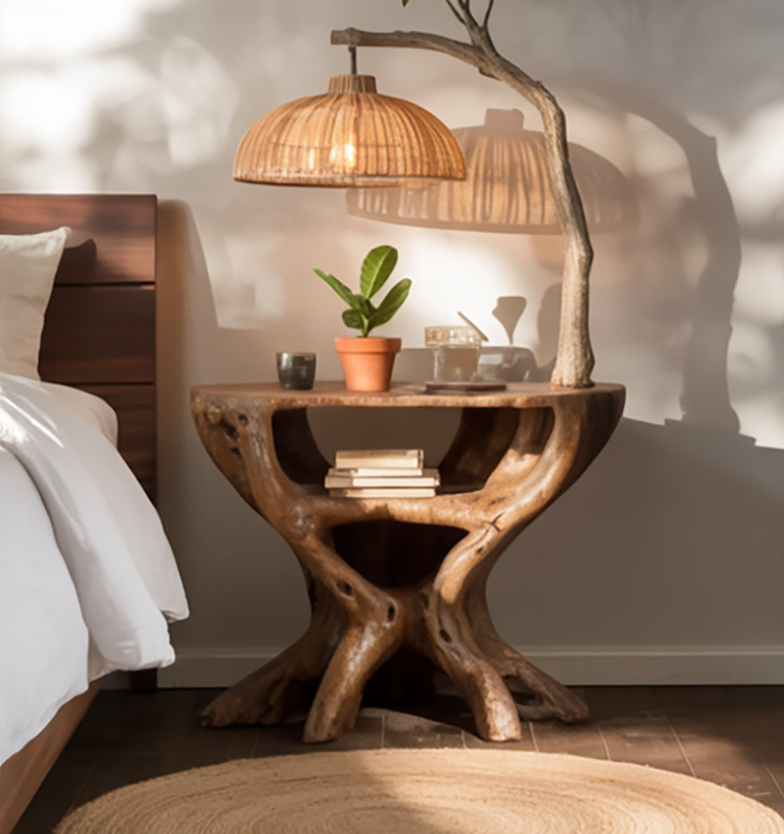 Handmade Wooden Side Table with Integrated Tree Lamp – Rustic Nightstand Lighting Decor