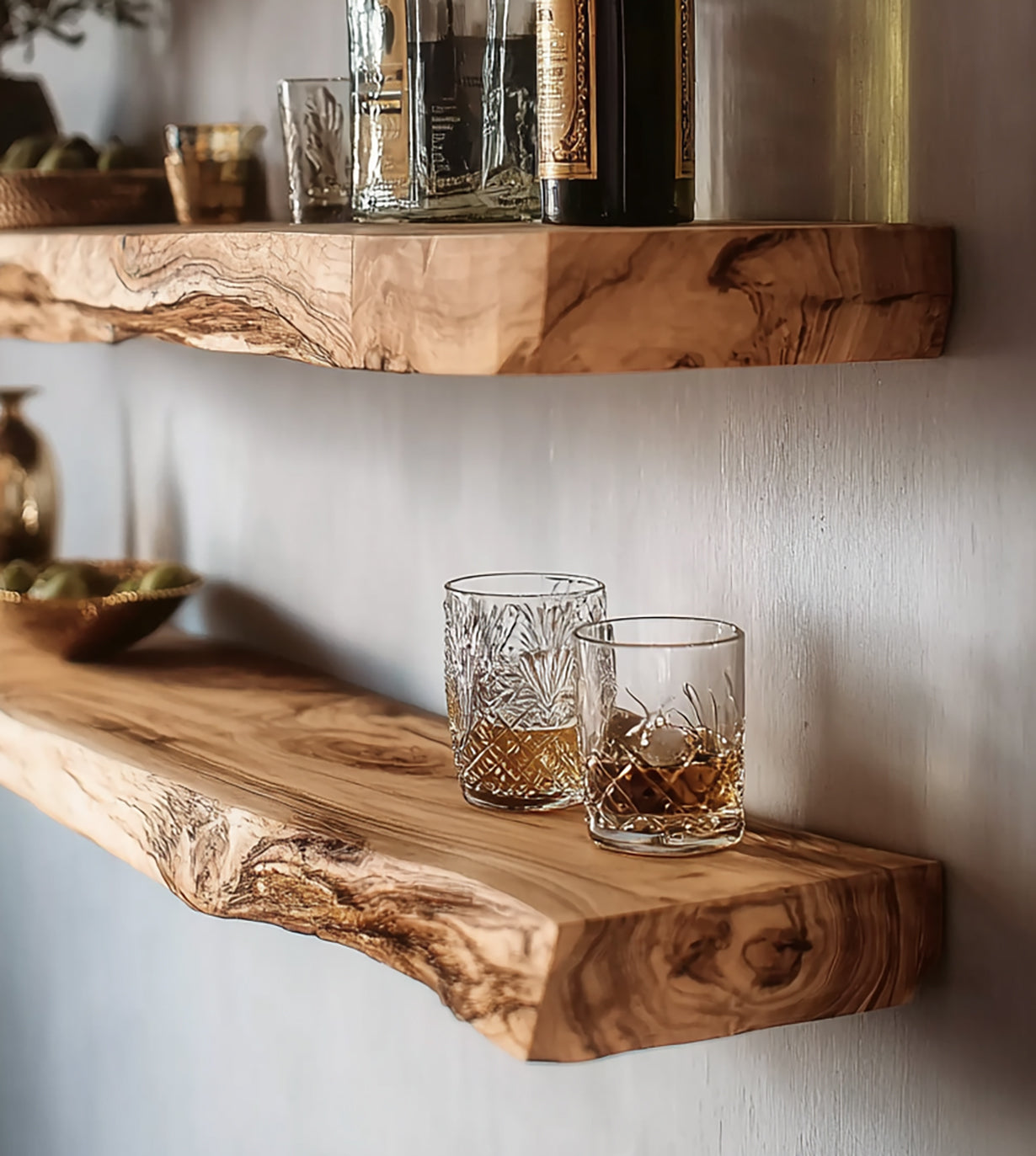 Handmade Live Edge Wood Shelf – Floating Wall Shelves for Whiskey Bar, Kitchen, or Entryway