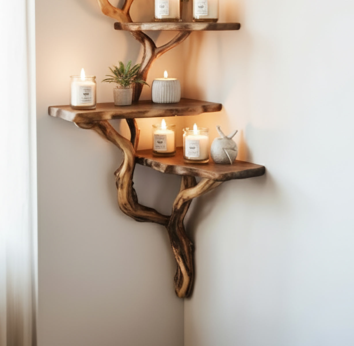 Solid Wood Floating Corner Shelf – Driftwood Branch Wall Shelf