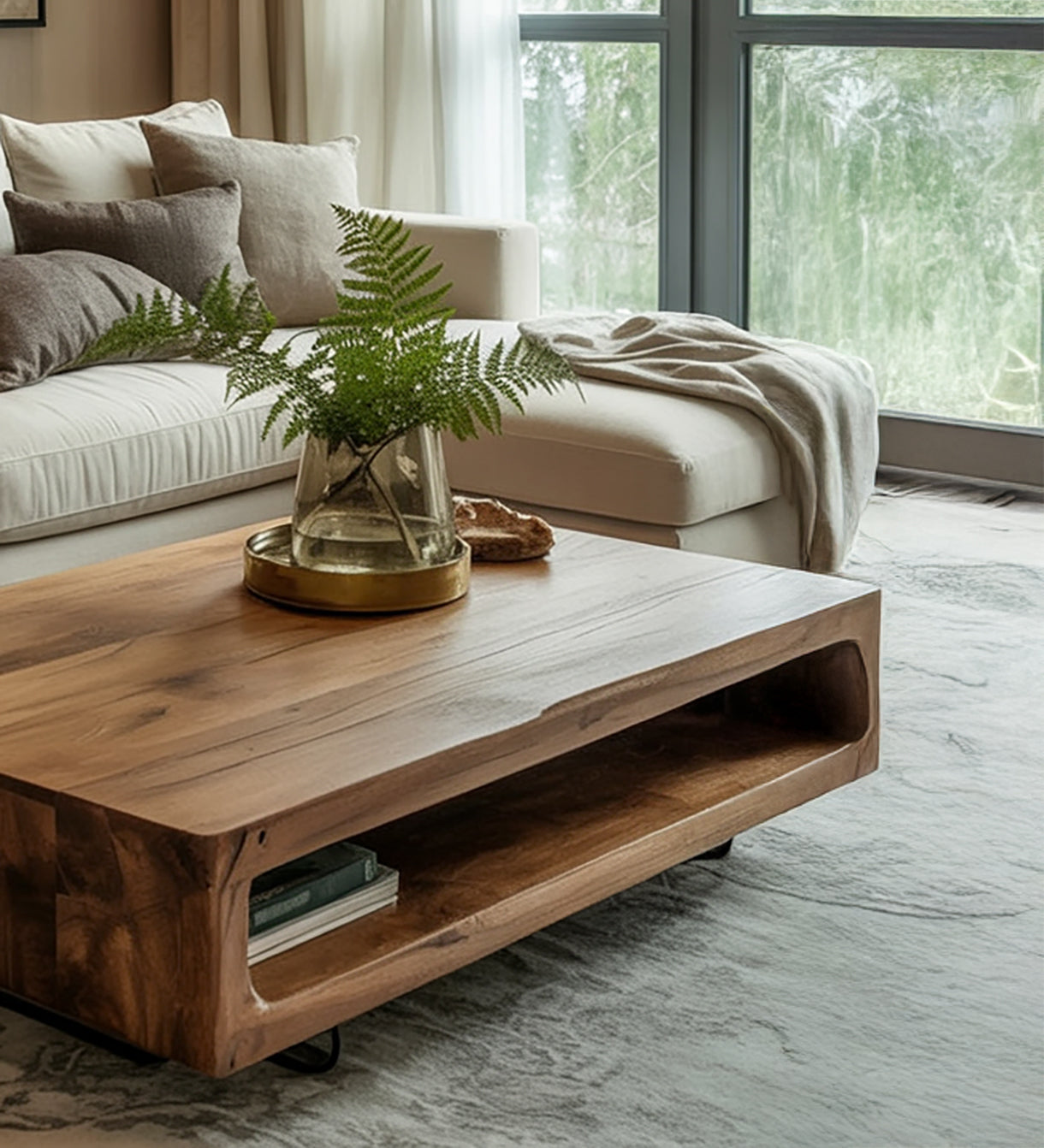 Solid Wood Coffee Table with Open Shelf – Handmade Acacia, Modern Rustic Design