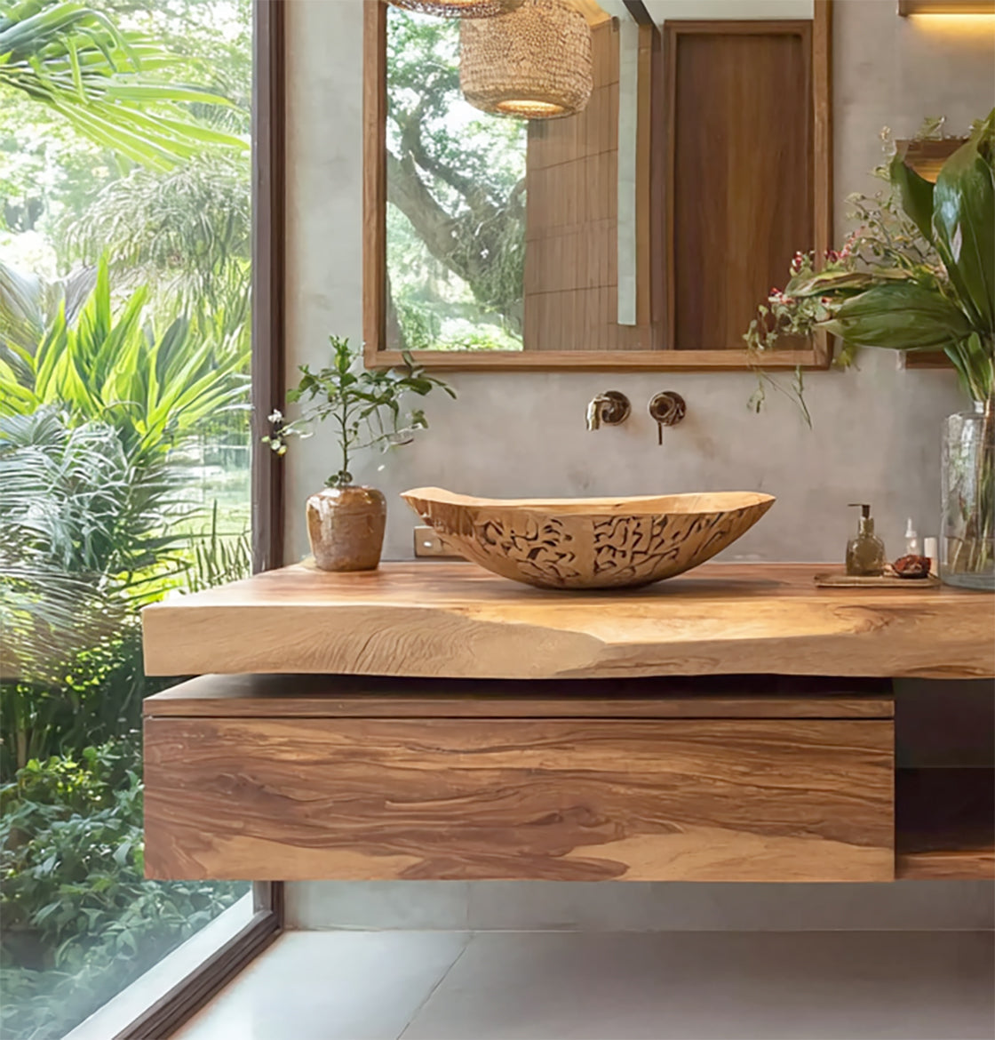 Live Edge Floating Vanity – Solid Wood Bathroom Sink Cabinet with Storage Drawer