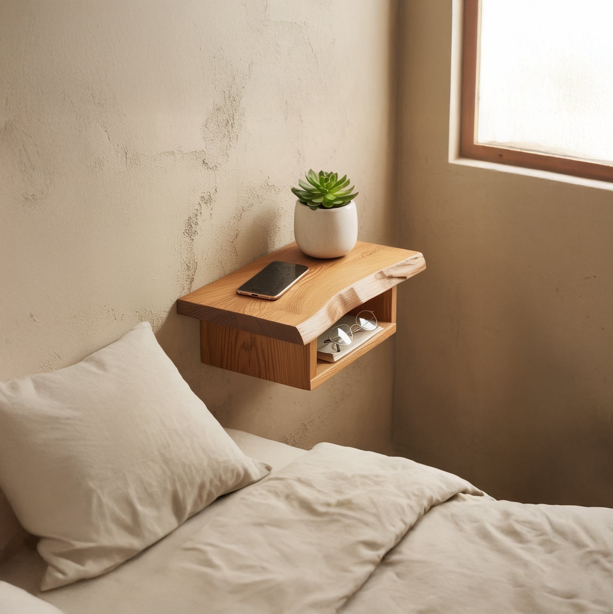 Handcrafted Solid Wood Nightstand – Elegant Design with Open Shelf