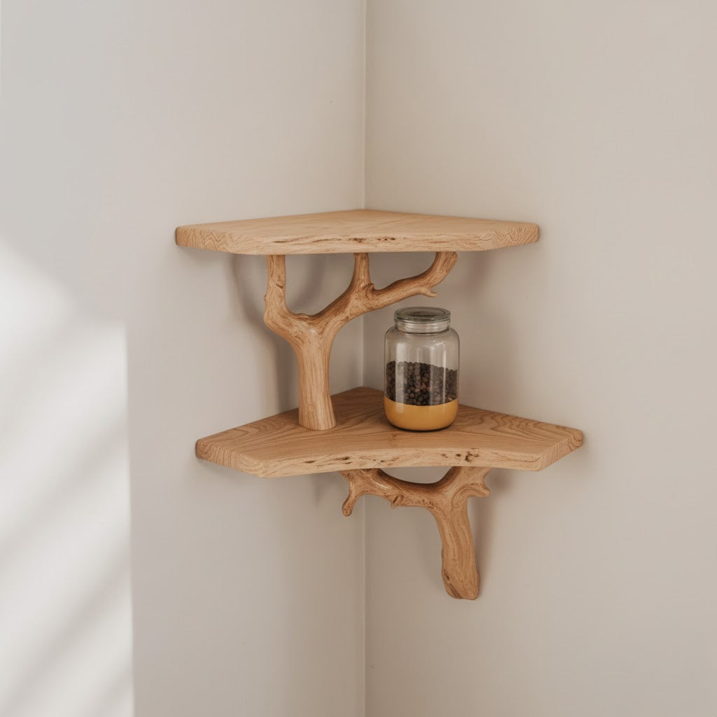 Driftwood Corner Wall Shelf – Solid Wood Tree Branch Bookshelf