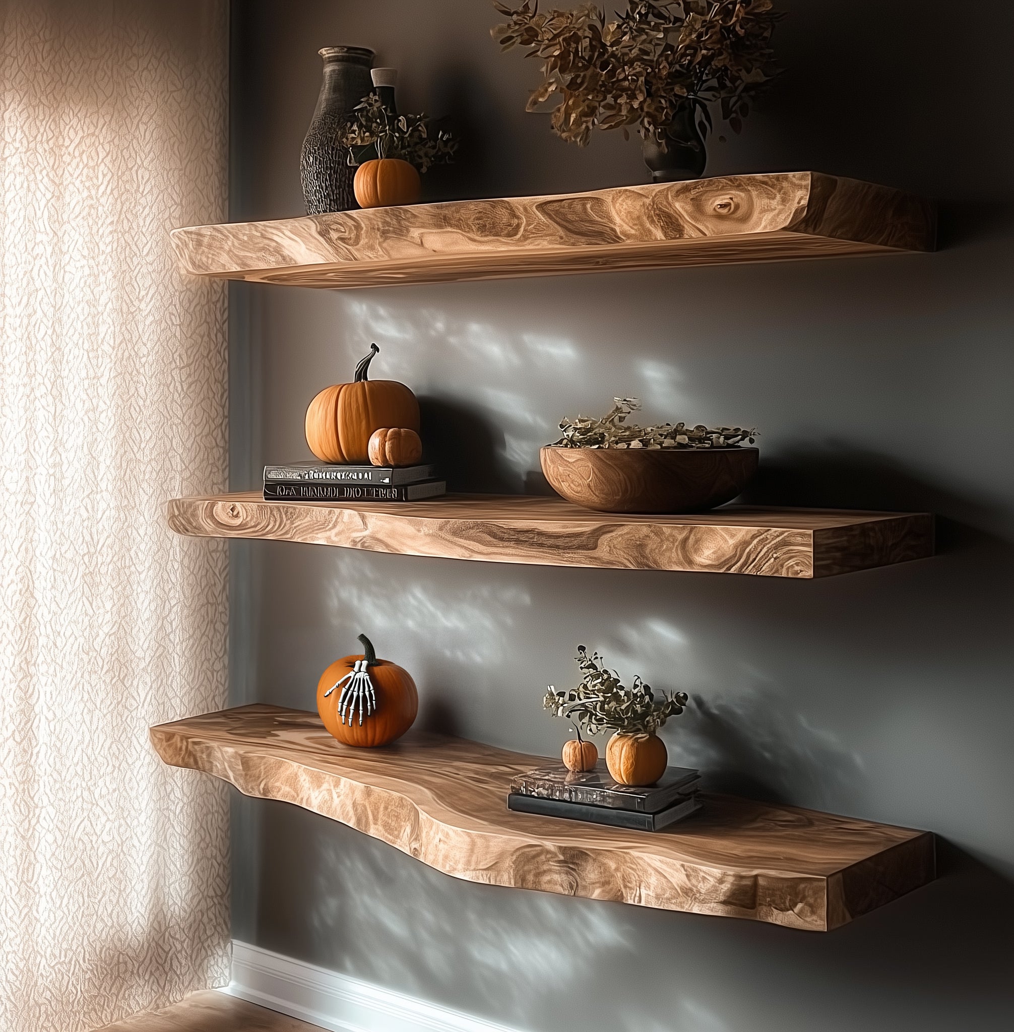 Live Edge Floating Shelves – Solid Wood Wall Shelf for Rustic Kitchen or Home Bar Decor