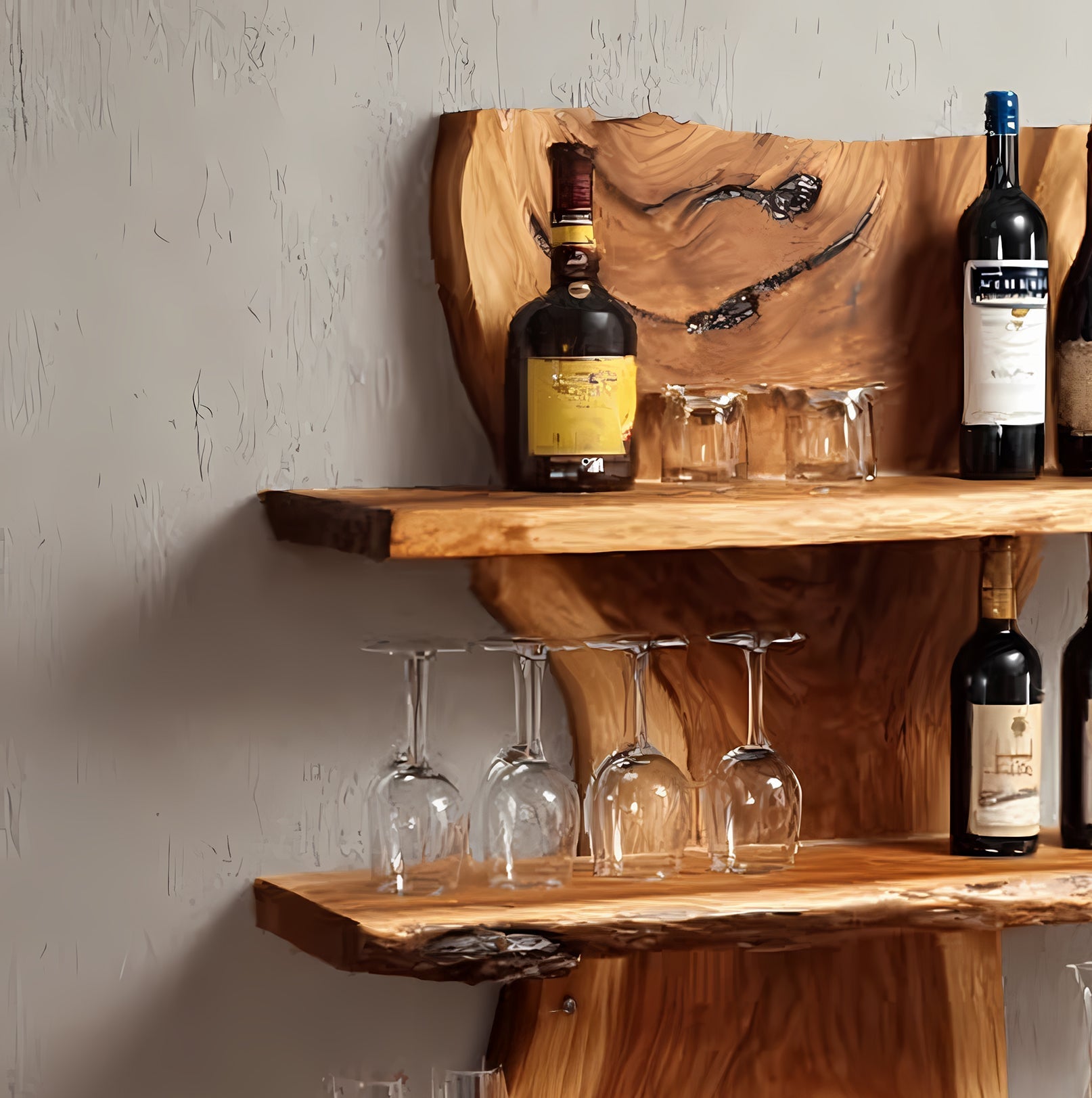 Handcrafted Live Edge Bar Shelf – 3-Tier Wooden Wall Bar, Rustic Floating Shelves for Home Bar Decor