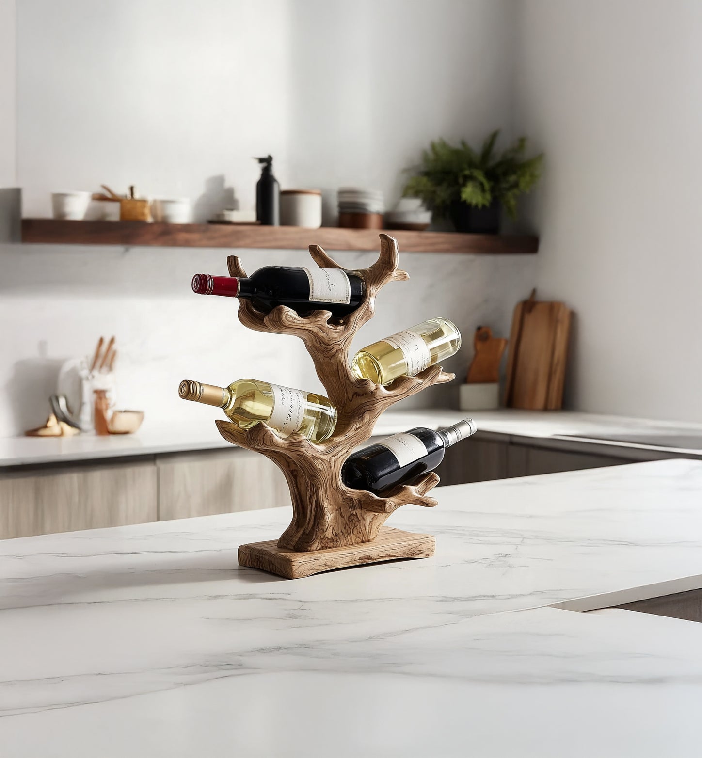 Mid Century Wine Rack – Solid Wood Countertop Wine Stand for Farmhouse Kitchen & Bar