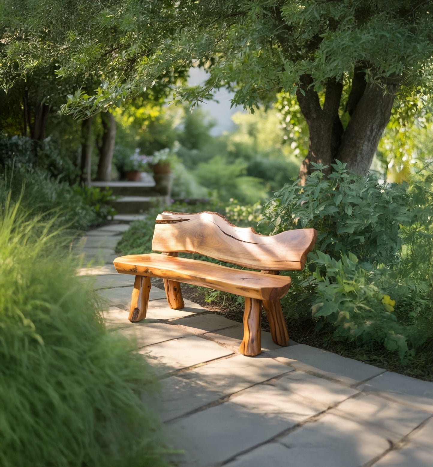 Live Edge Outdoor Wooden Bench with Backrest – Handcrafted Rustic Patio Seating