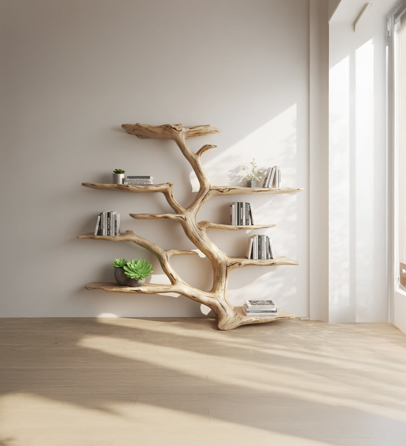 Handmade Tree Bookshelf – Live Edge Wooden Bookcase, Rustic Natural Wood Wall Decor
