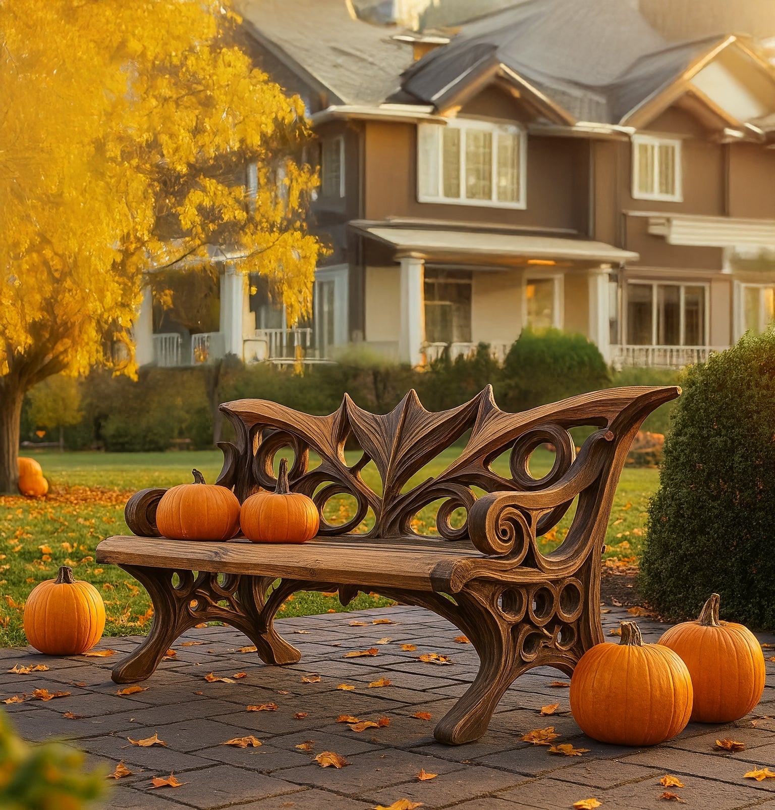Rustic Outdoor Halloween Bench – Handcrafted Mid Century Porch Seat