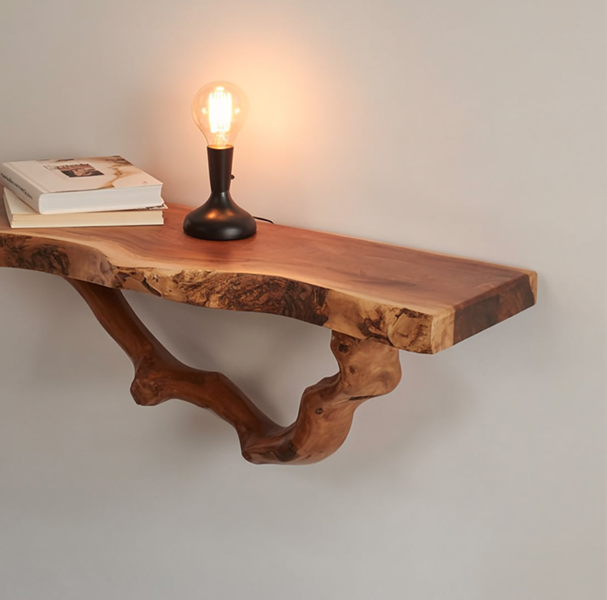Floating Driftwood Shelf – Natural Solid Wood Bedside Bookshelf