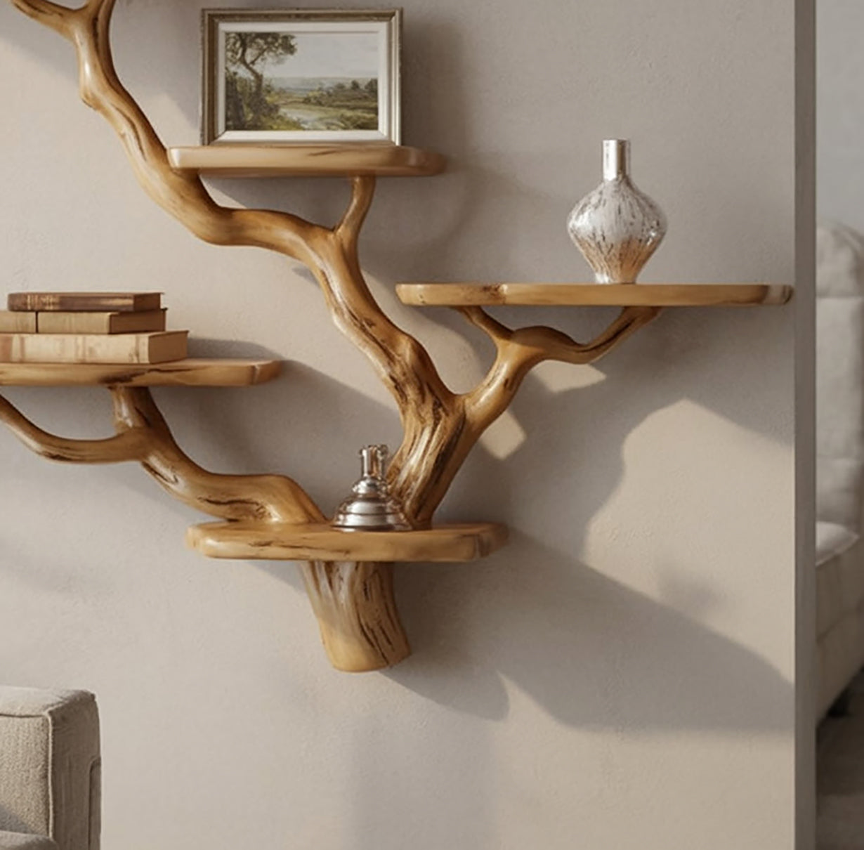 Tree Branch Floating Bookshelf – Solid Wood Driftwood Wall Decor