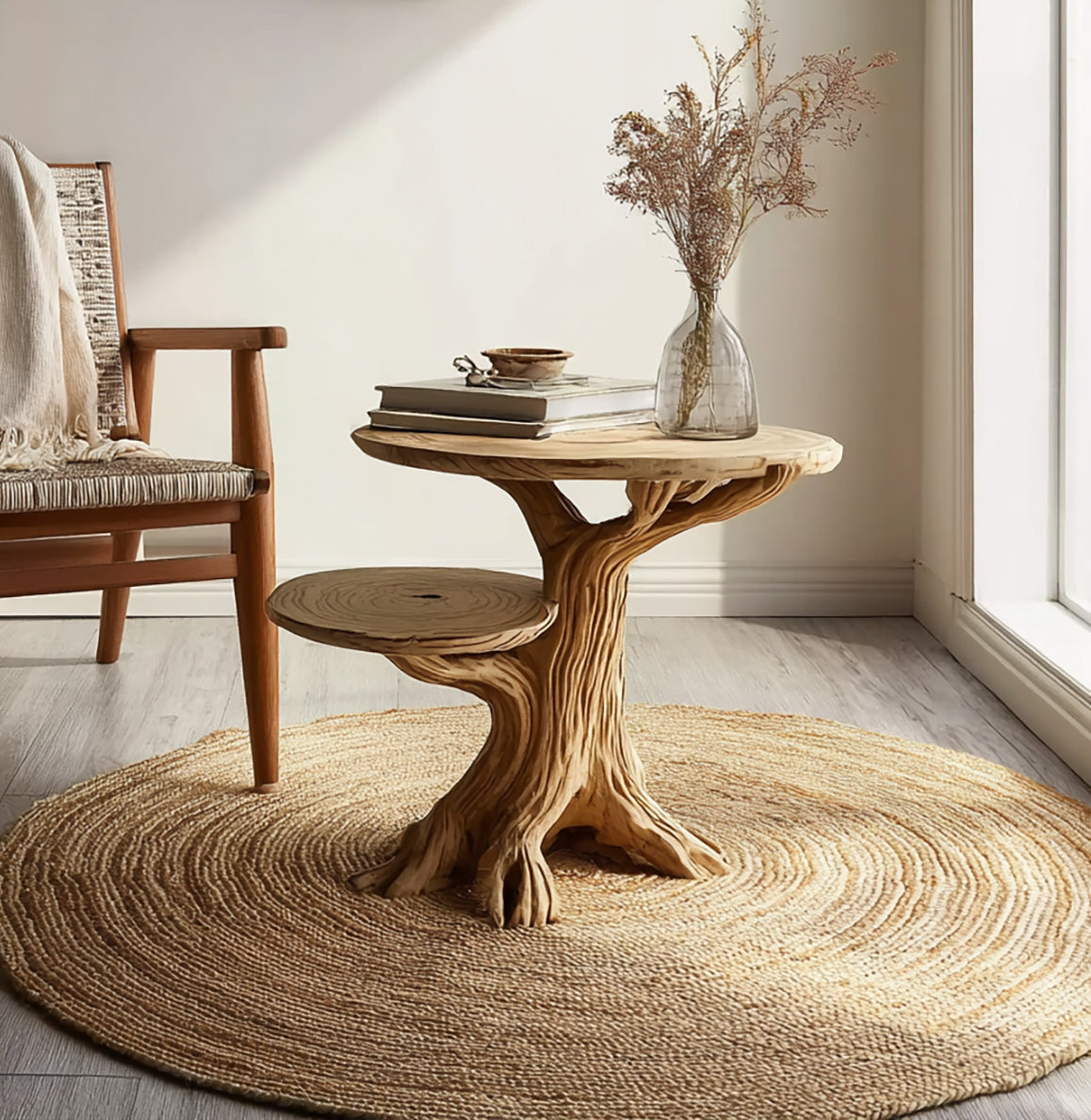 Handcrafted Solid Wood End Table with Sculptural Tree-Inspired Base – Accent Table