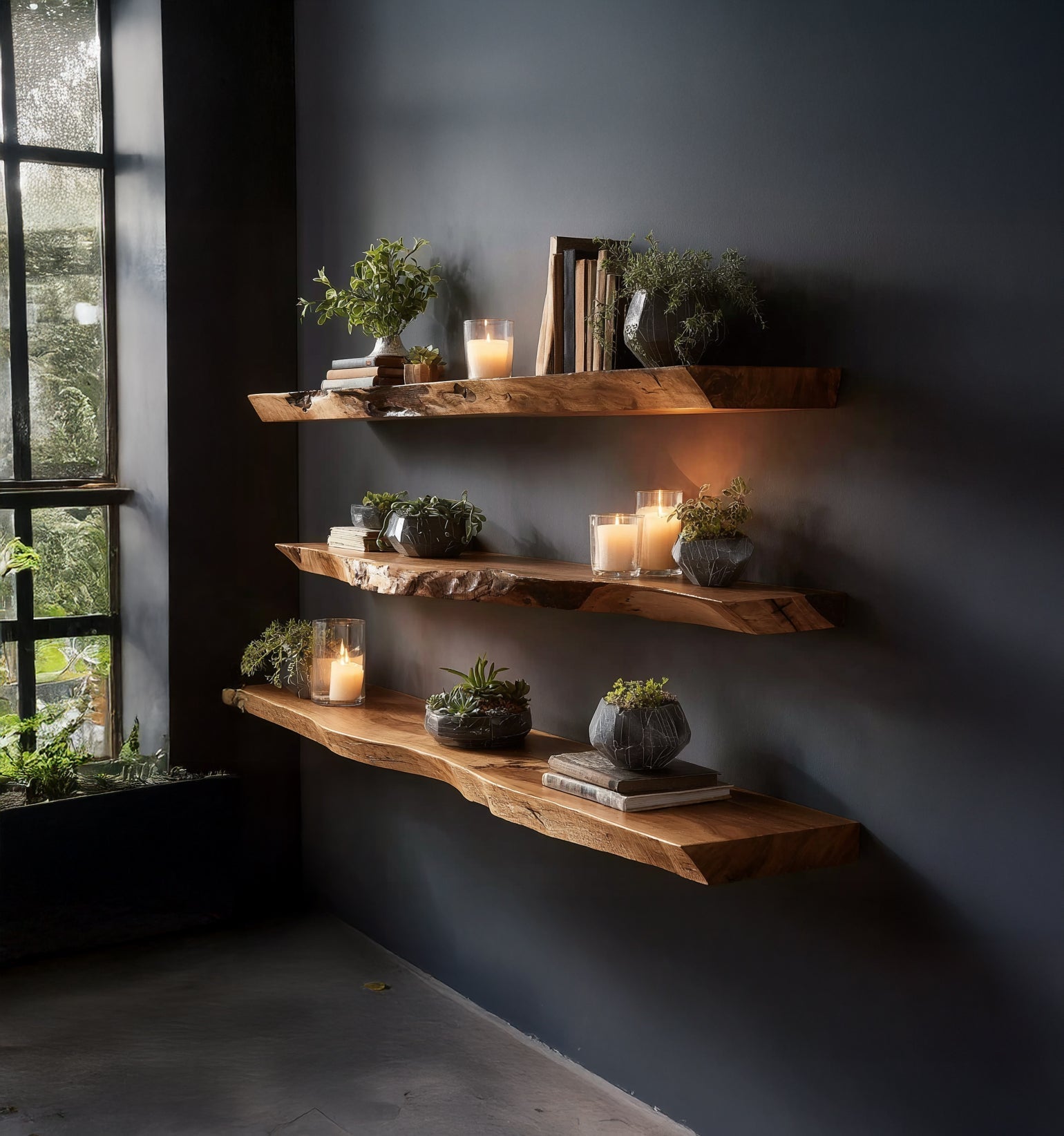 Handmade Live Edge Wooden Floating Shelves – Solid Wood Wall Shelf Set