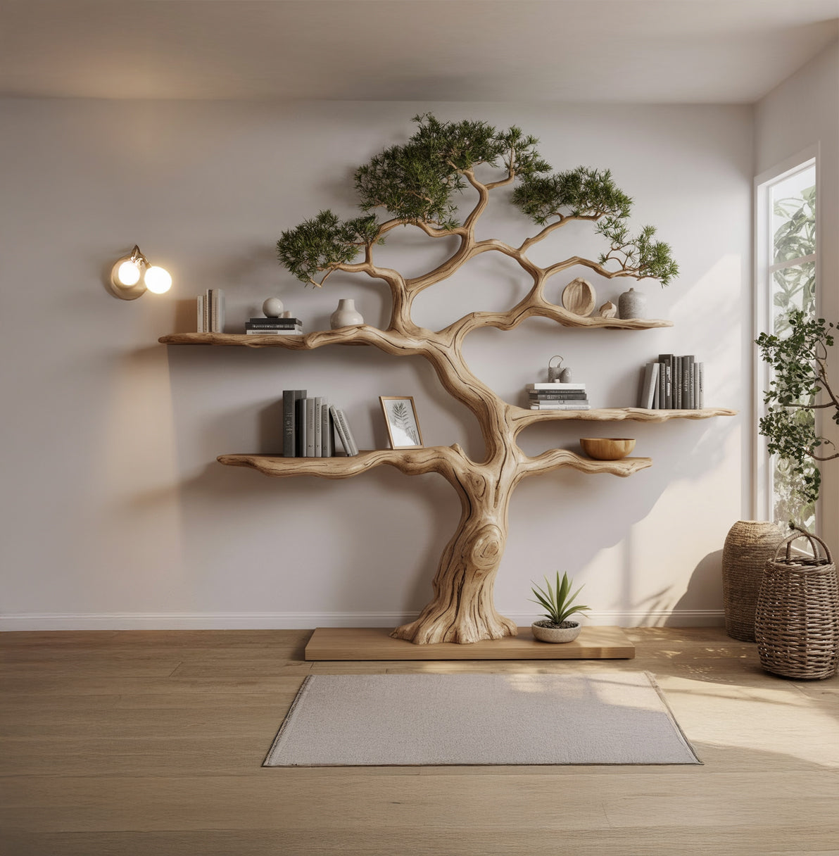 Modern living room with artistic tree-shaped wooden bookshelf, decorative plants, and natural light