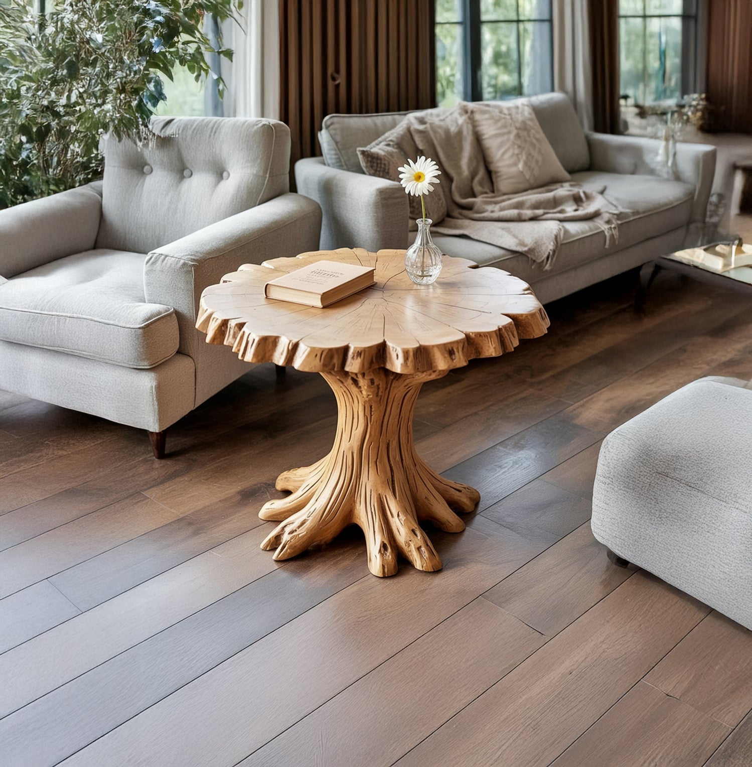 Solid Wood Round Coffee Table – Live Edge Tree Trunk Design