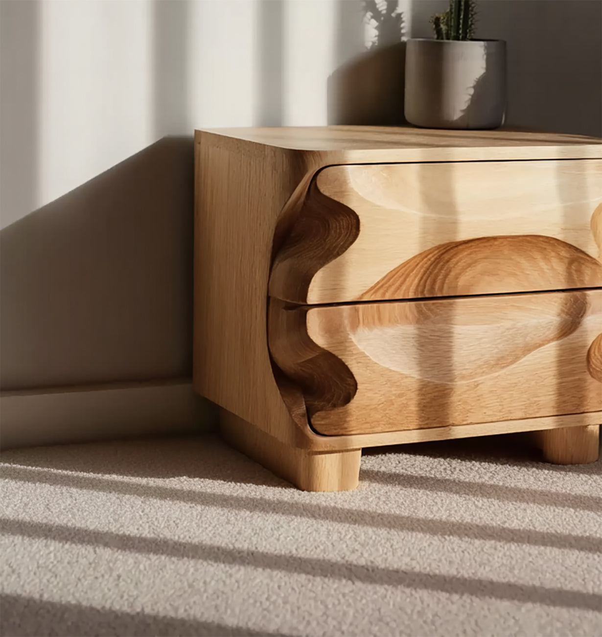Modern Wavy Nightstand – Solid Wood Bedside Table with Hand-Carved Drawer