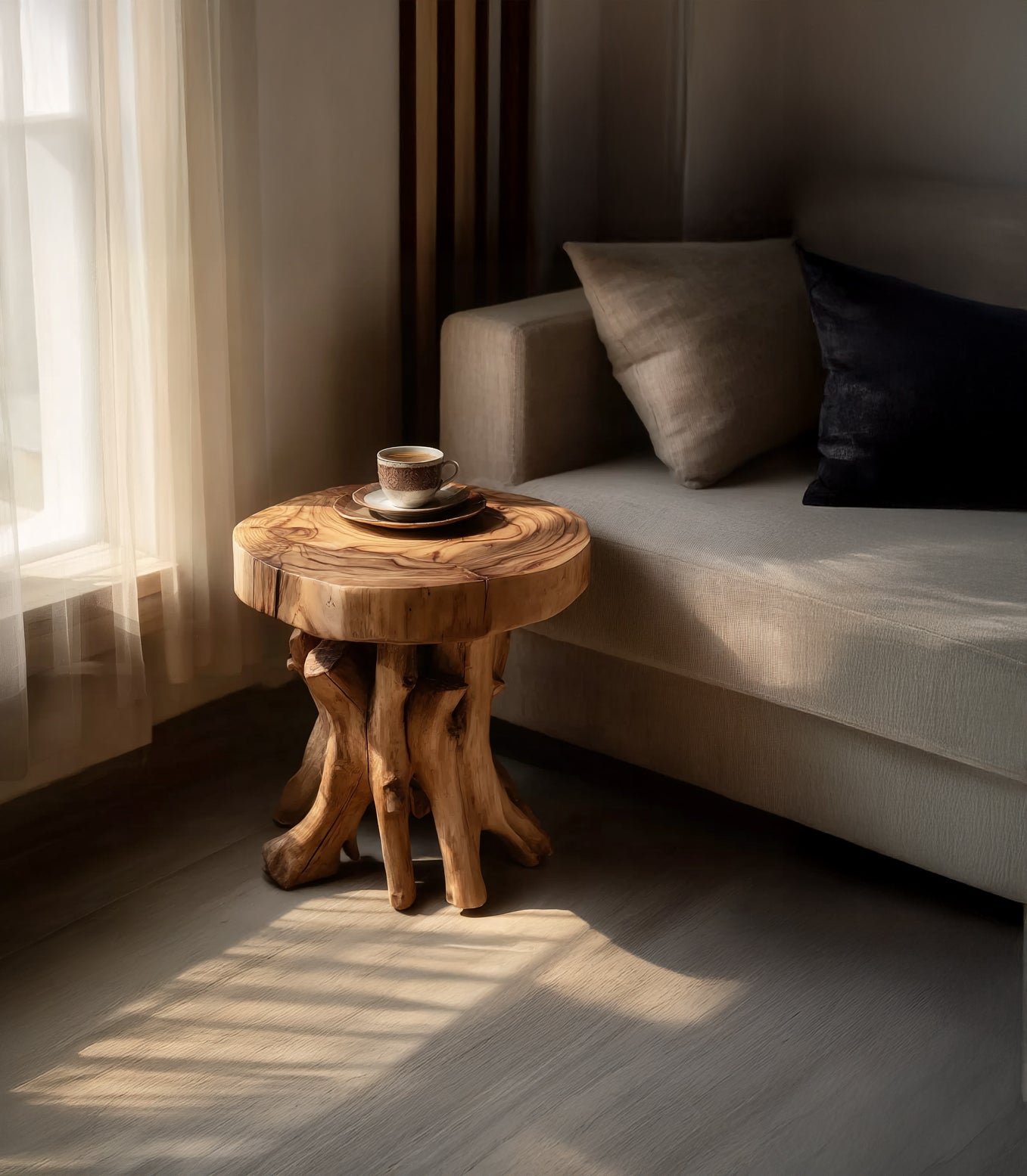 Handmade Solid Wood Side Table with Tree Trunk Base – Rustic Round End with Two Shelves