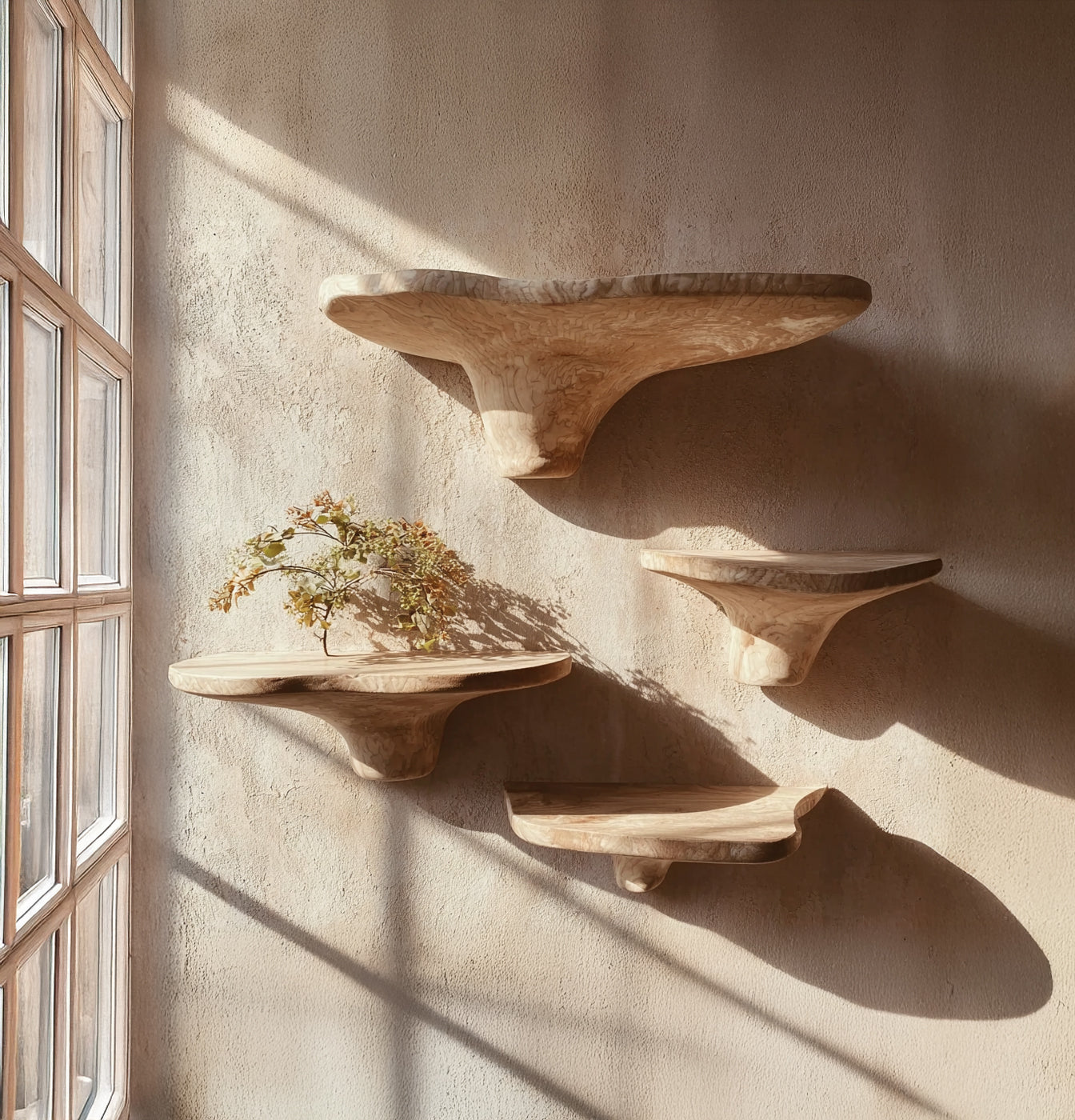 Rustic Mushroom Floating Shelves with Hidden Brackets – Artisanal Wood Home Decor