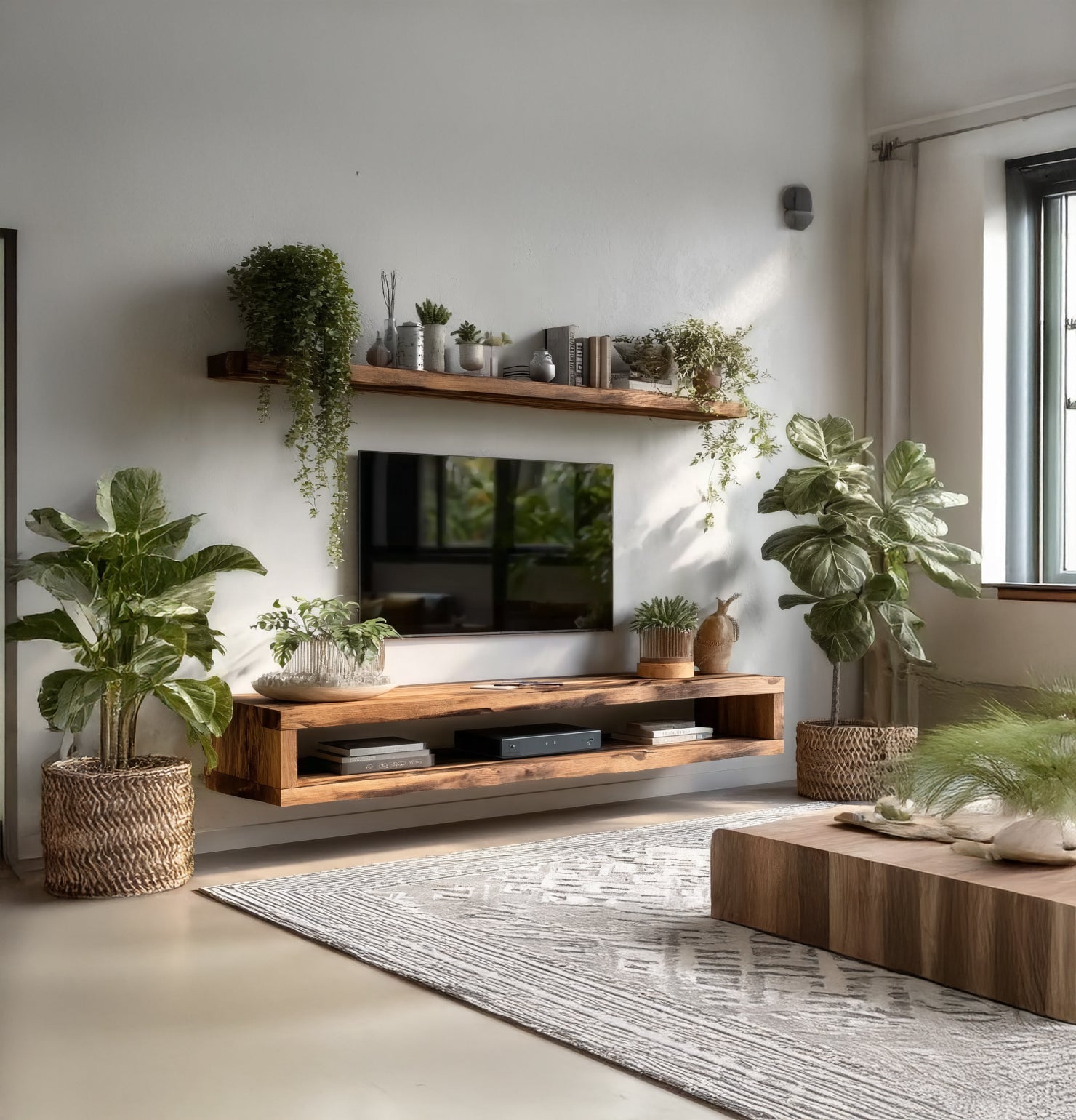 Modern Live Edge Floating TV Console – Handmade Solid Wood Wall Mounted Media Stand