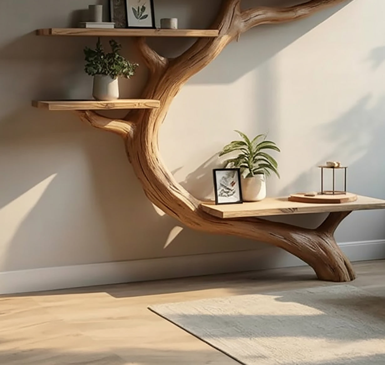 Rustic Tree Bookcase Floating Shelf Decoration Living Room