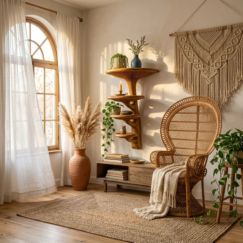 Helical Mushroom Wall Shelf with 4 Graduated Round Platforms - Handcrafted Solid Wood Spiral Staircase Floating Shelf with Front-Facing Gill Carving - Ashdeco 2026