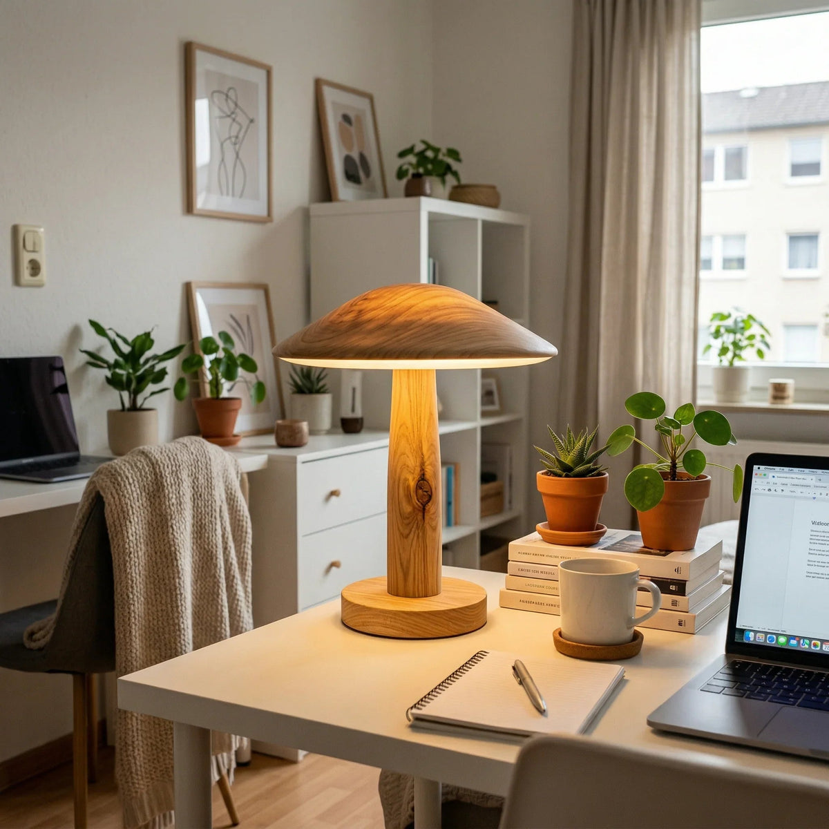Budget-friendly apartment workspace with solid wood lamp, plants, books, and cozy decor