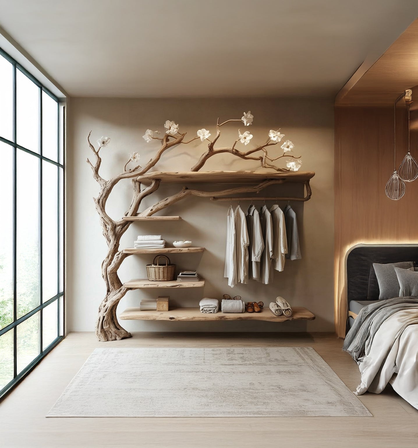 Rustic Tree Branch Corner Coat Rack – Standing Hanger with Shelves