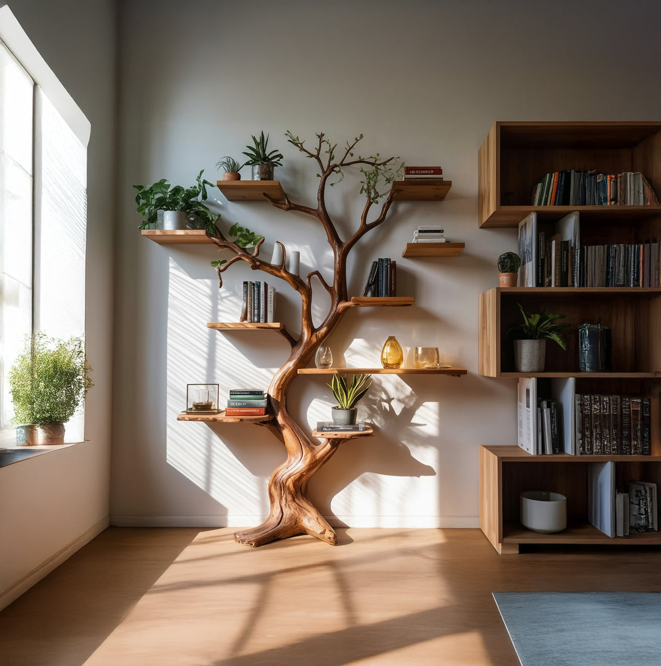 Decorative Tree Trunk Bookshelf - Large Wall-Mounted Wooden Sculpture - Rustic Display Shelf